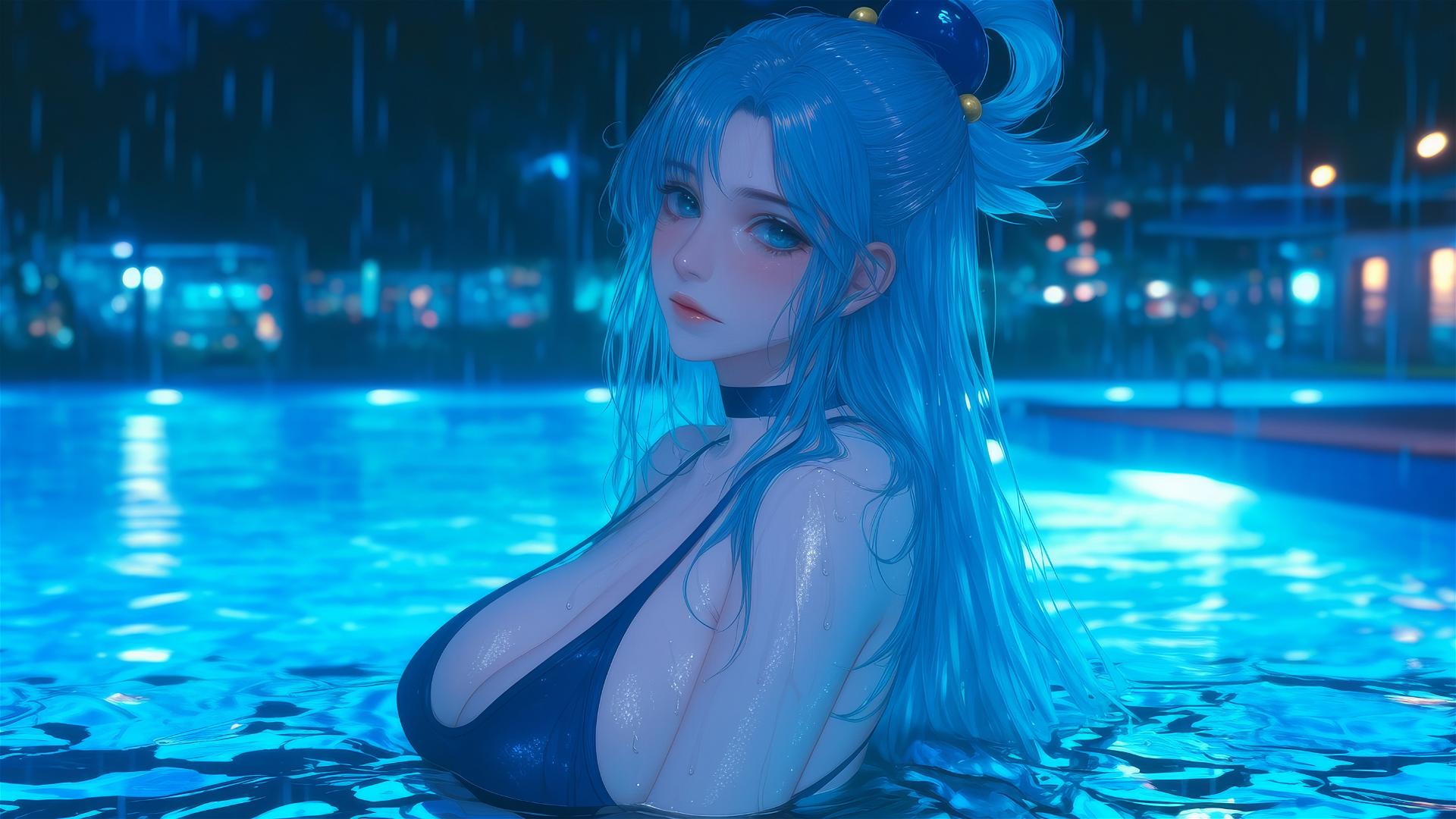 Aqua from KonoSuba reclining near a rainy pool with moonlight glow