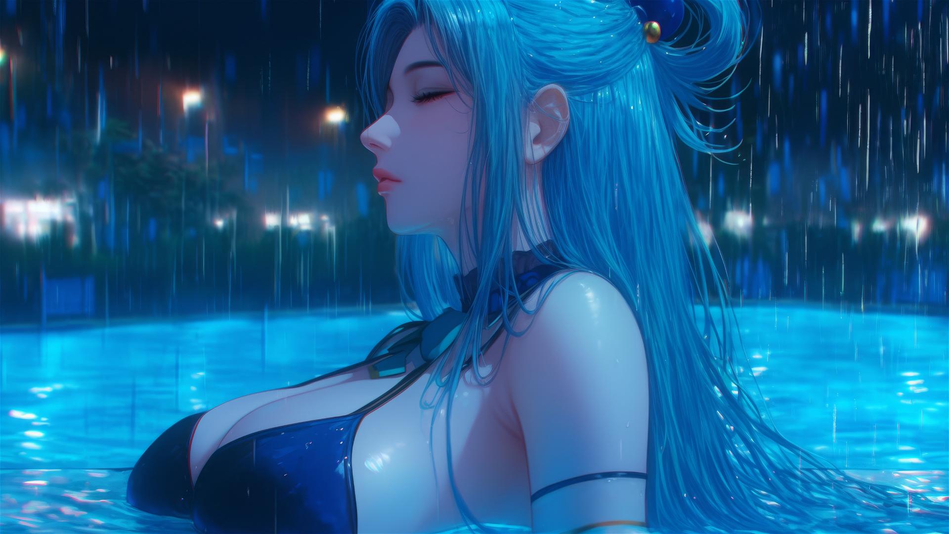 Aqua from KonoSuba resting by a rainy pool, moonlight glow, blue hair