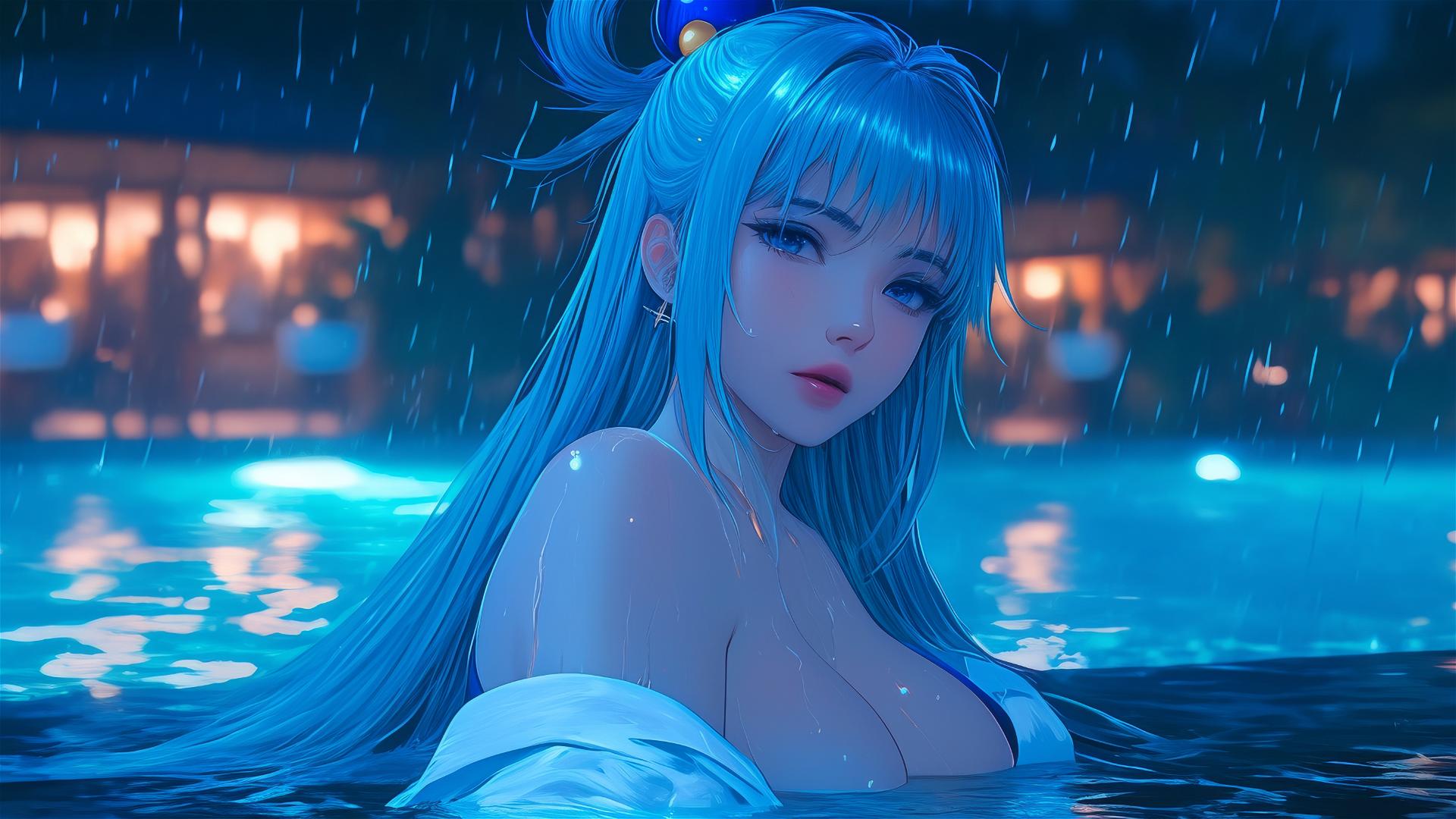Aqua from KonoSuba resting by a rainy pool, with moonlight and blue hair.