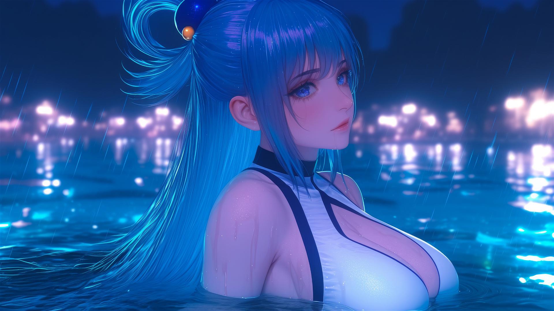 Aqua from KonoSuba resting by a rainy swimming pool under moonlight.