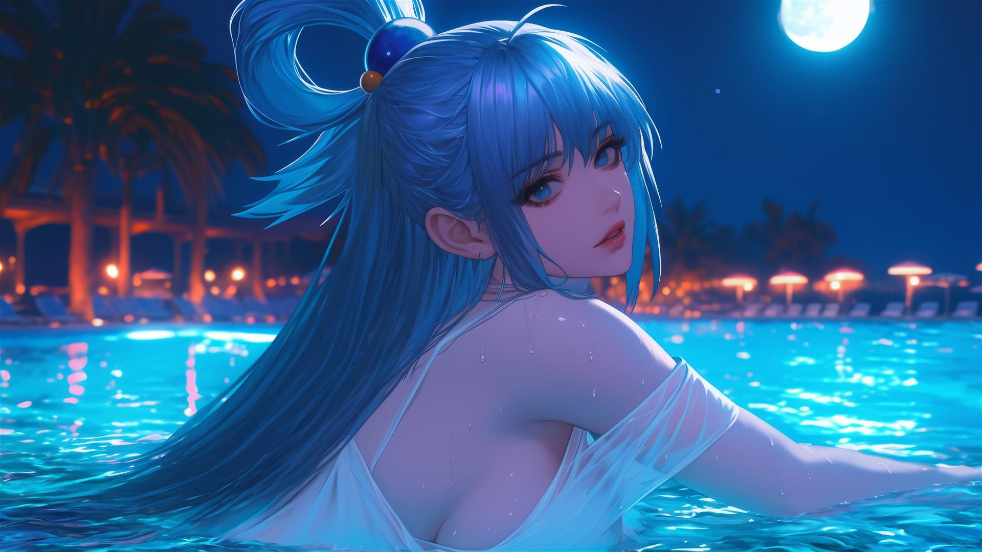 Aqua from KonoSuba resting by a rainy swimming pool under moonlight.