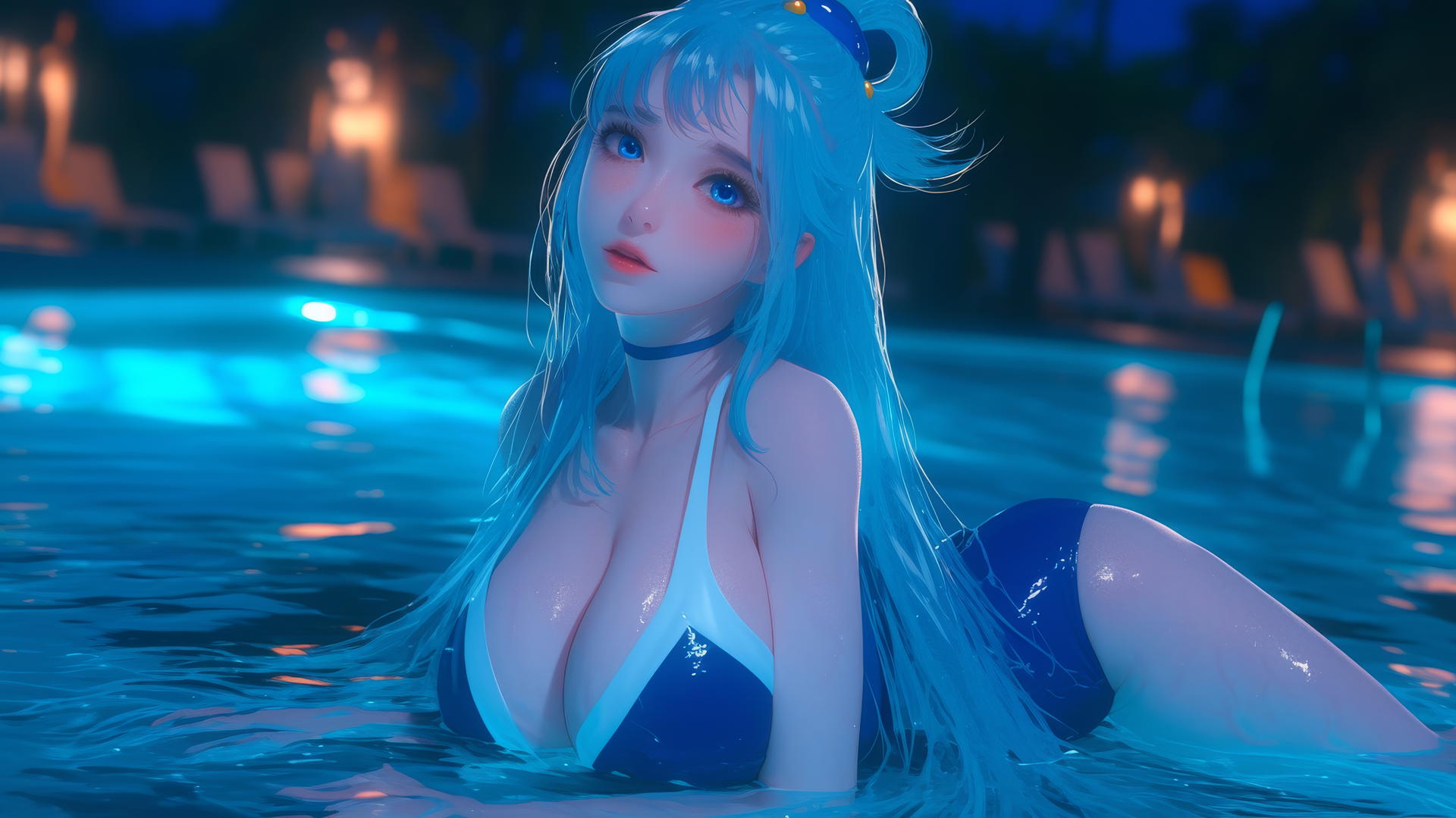 Aqua from KonoSuba rests by a rainy swimming pool under moonlight, with blue hair and light blue eyes.