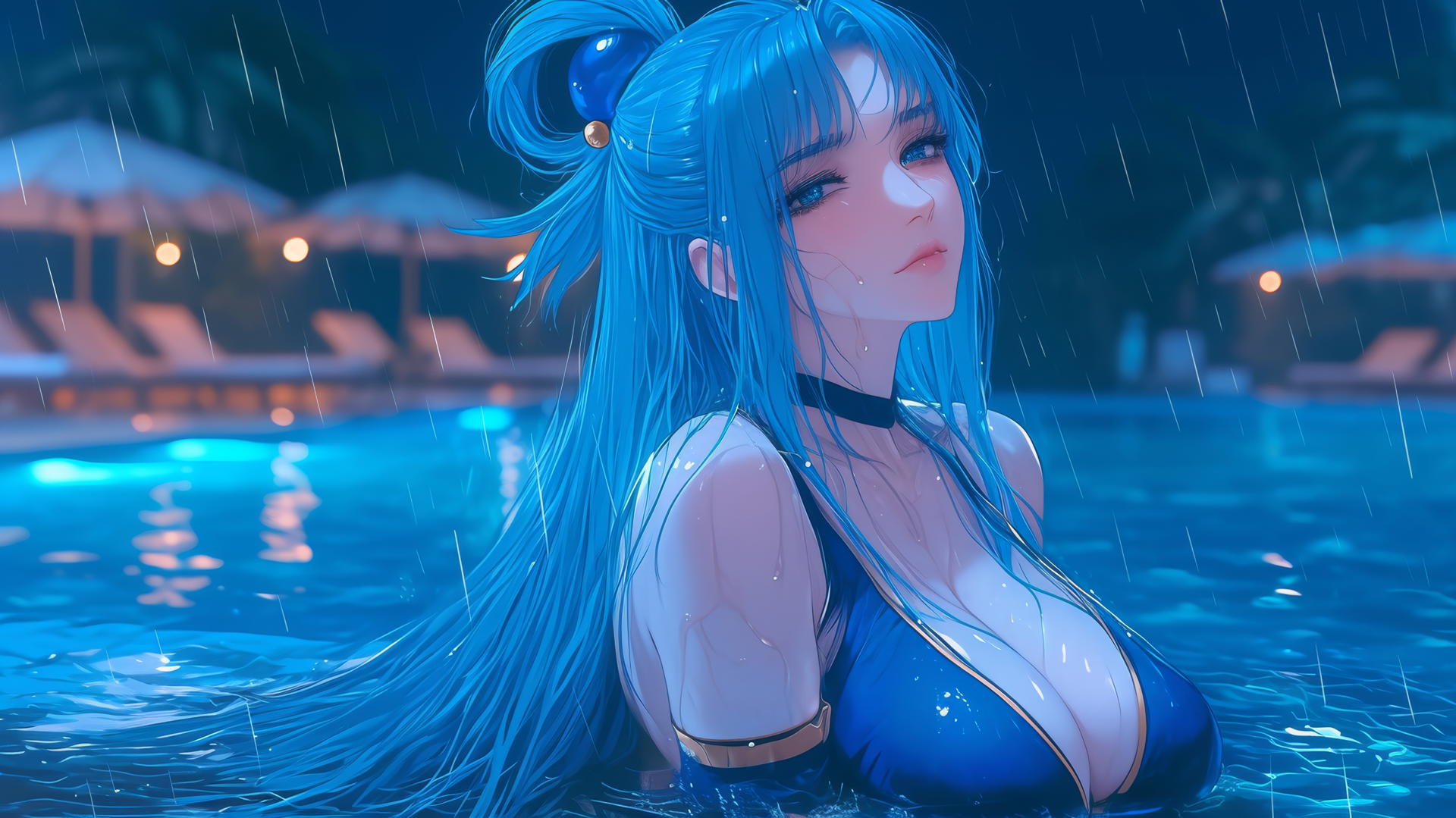 Aqua from KonoSuba resting by a rainy swimming pool under moonlight