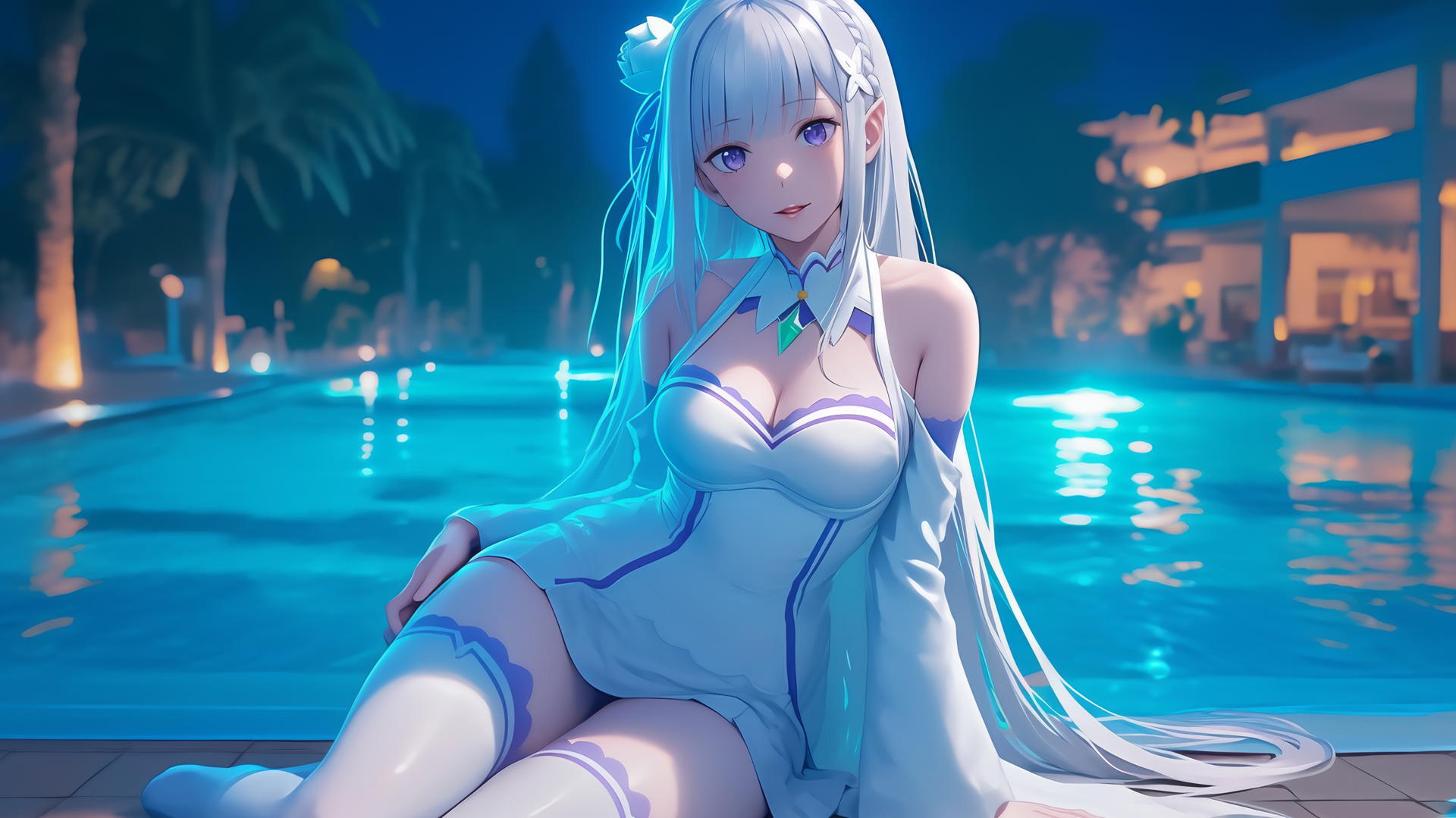 Emilia from Re:Zero, leisurely resting by a swimming pool under moonlight.