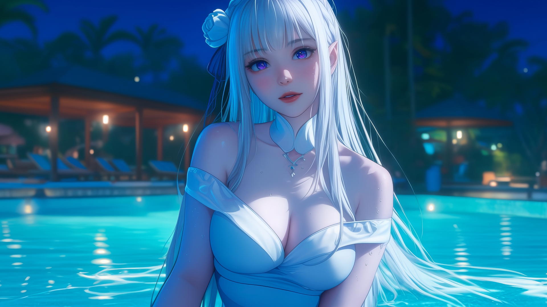 Emilia from Re:Zero relaxing by a moonlit swimming pool
