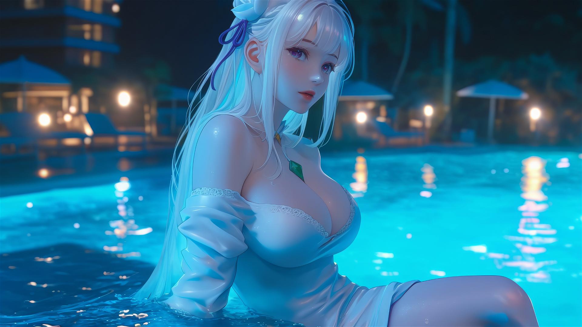 Emilia from Re:Zero resting by the pool, illuminated by moonlight