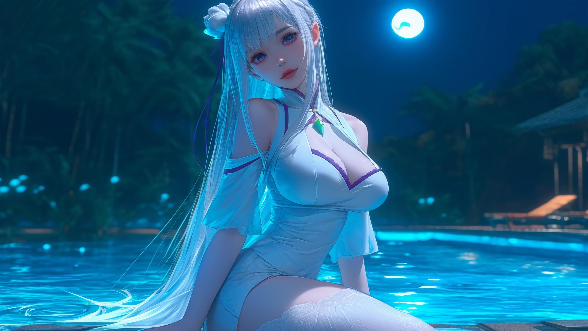 Emilia from Re:Zero by the pool, bathed in moonlight