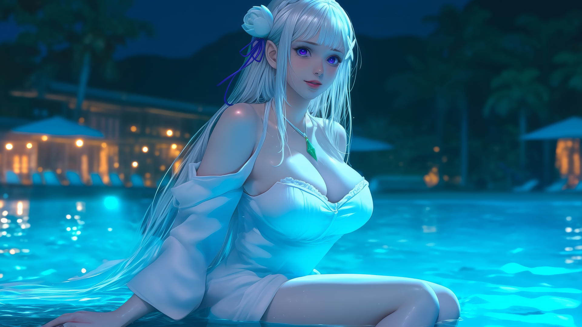Emilia from Re:Zero resting by a swimming pool under moonlight