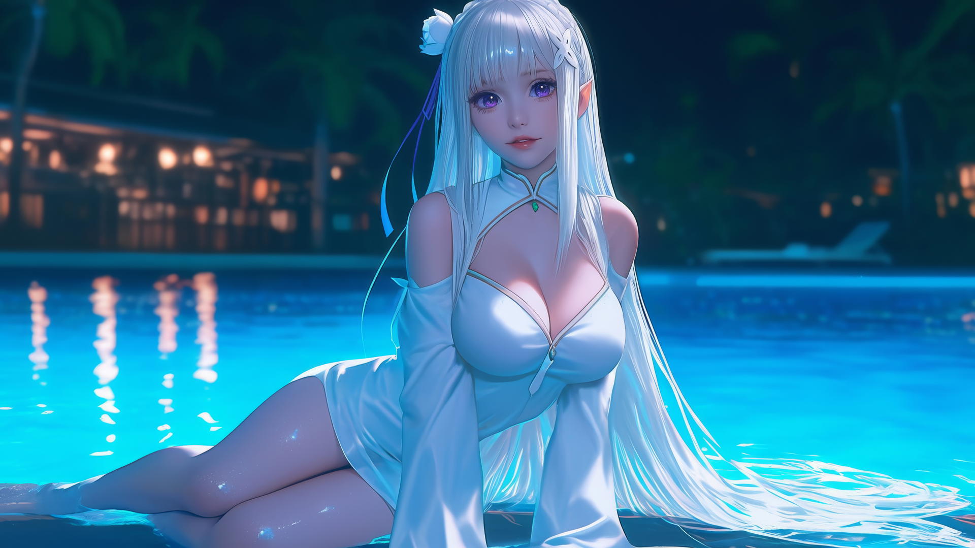 Emilia from Re:Zero resting by a moonlit swimming pool