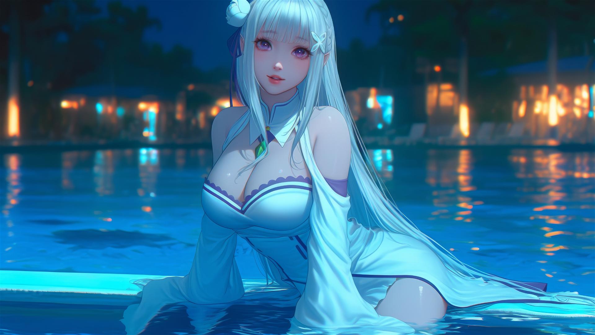 Emilia from Re:Zero resting by a moonlit swimming pool