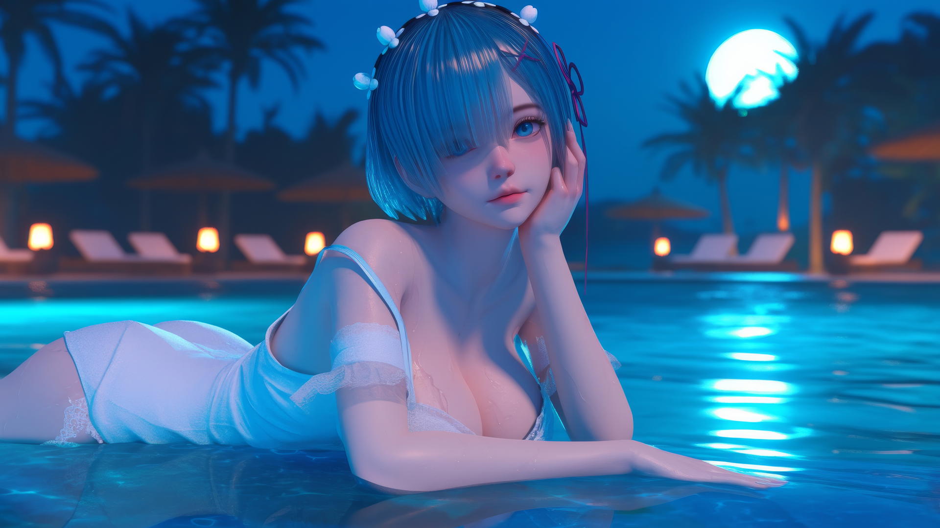Rem from Re:Zero resting by a pool under moonlight