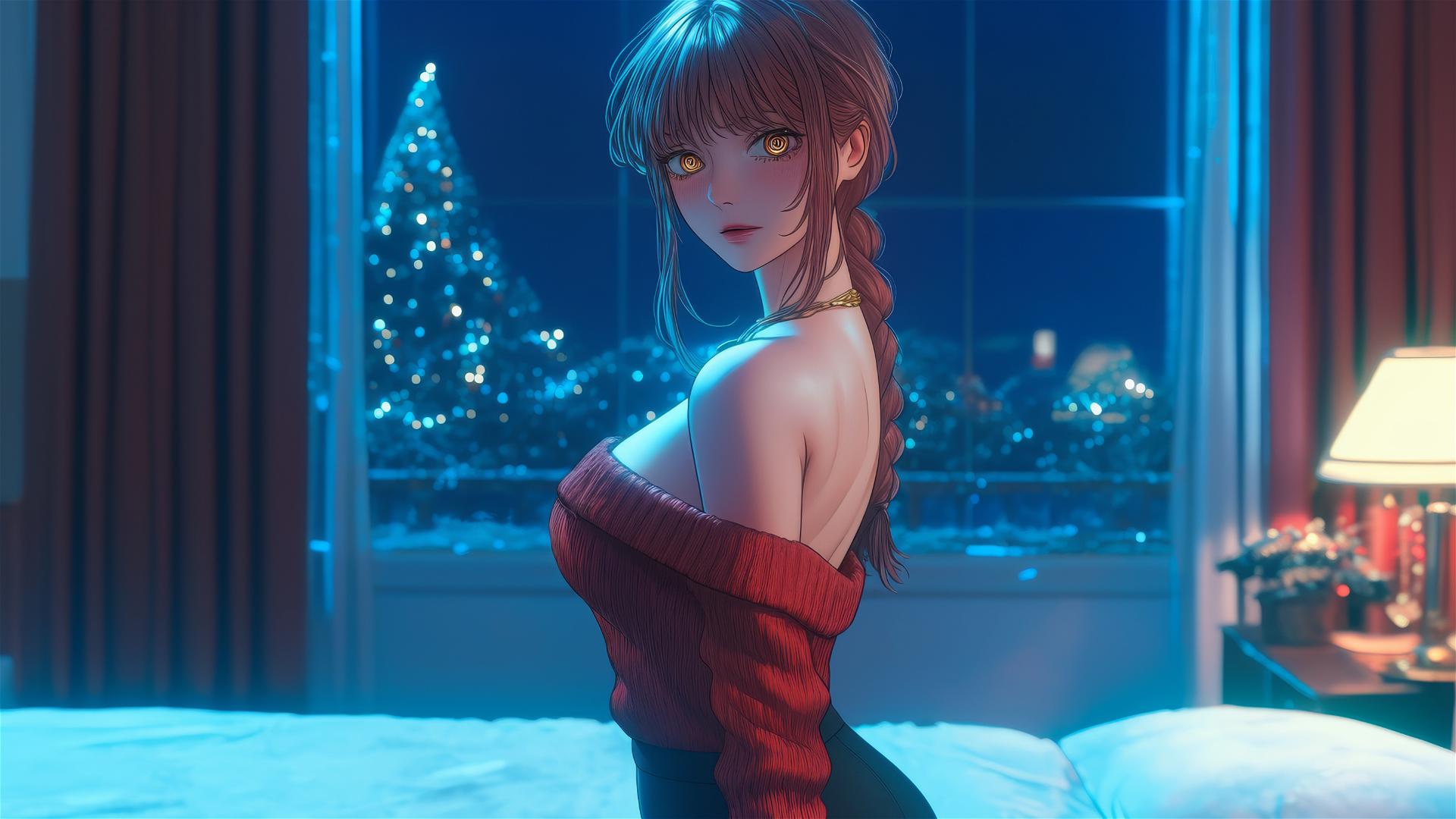 Makima from Chainsaw Man in a Christmas-themed red outfit, warm light in a modern hotel room.