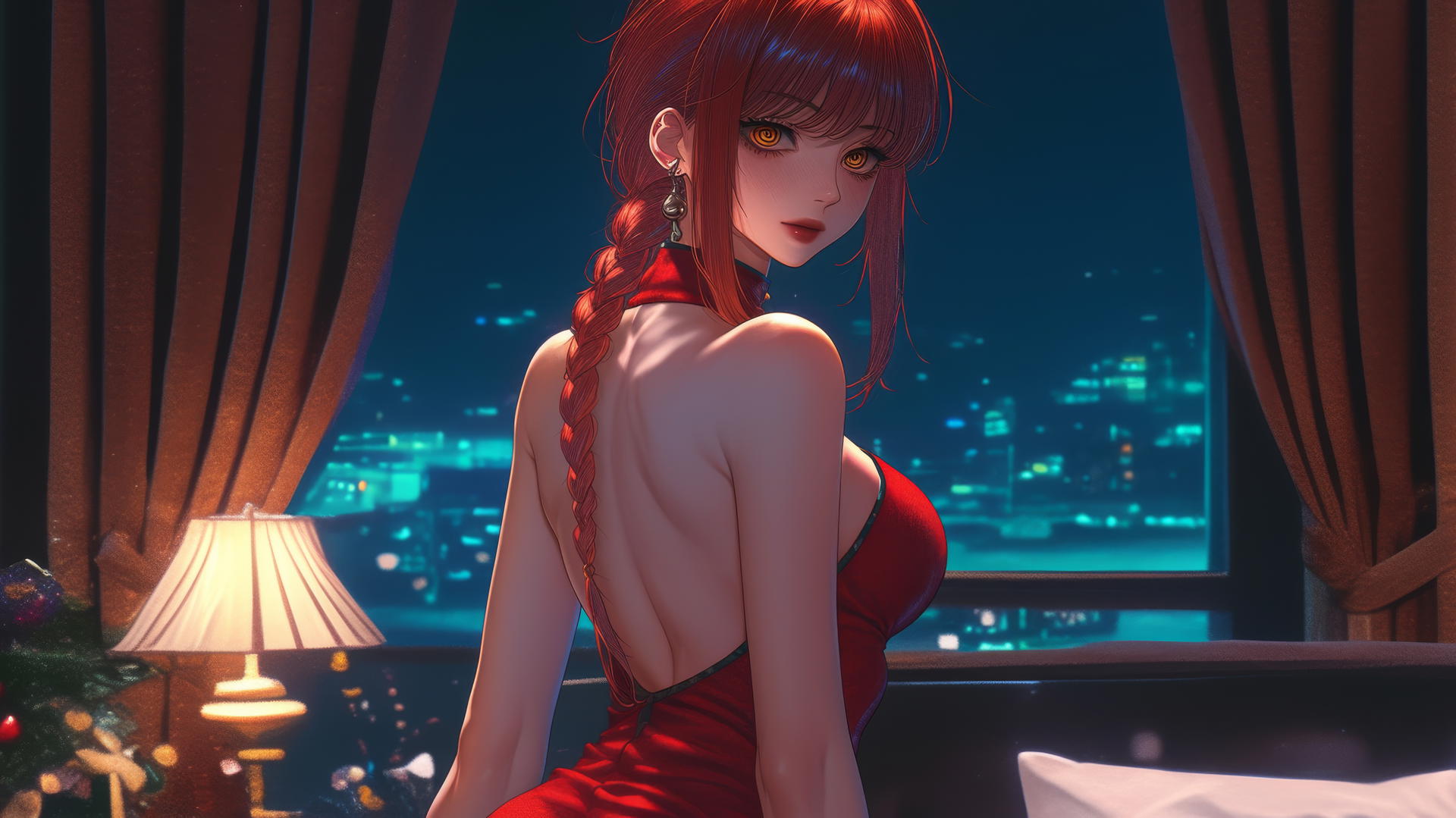 Makima from Chainsaw Man in red Christmas attire in a modern holiday-themed hotel room.