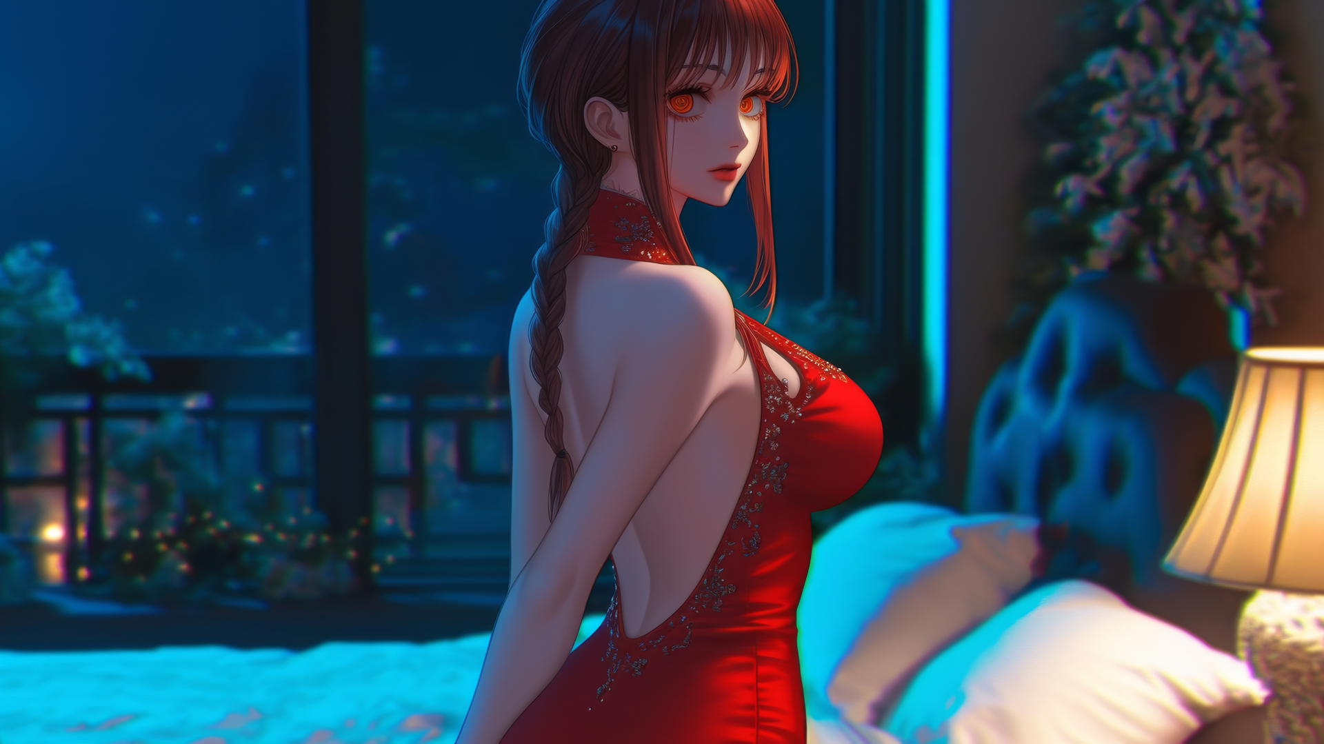 Makima from Chainsaw Man in a red Christmas outfit, standing in a modern, warmly lit hotel room.