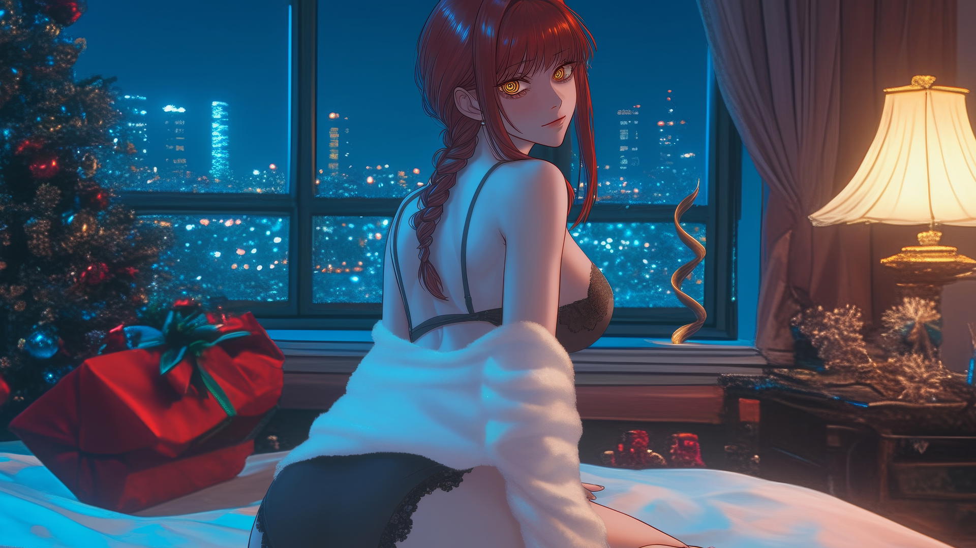 Makima from Chainsaw Man wearing Christmas red style in a modern festive hotel room with warm lighting.