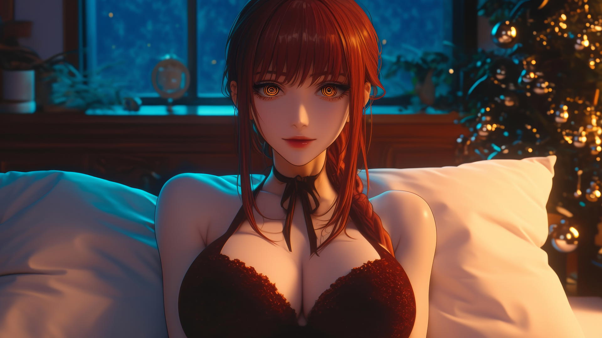 Makima from Chainsaw Man in Christmas attire at a modern hotel room, warm light glow.