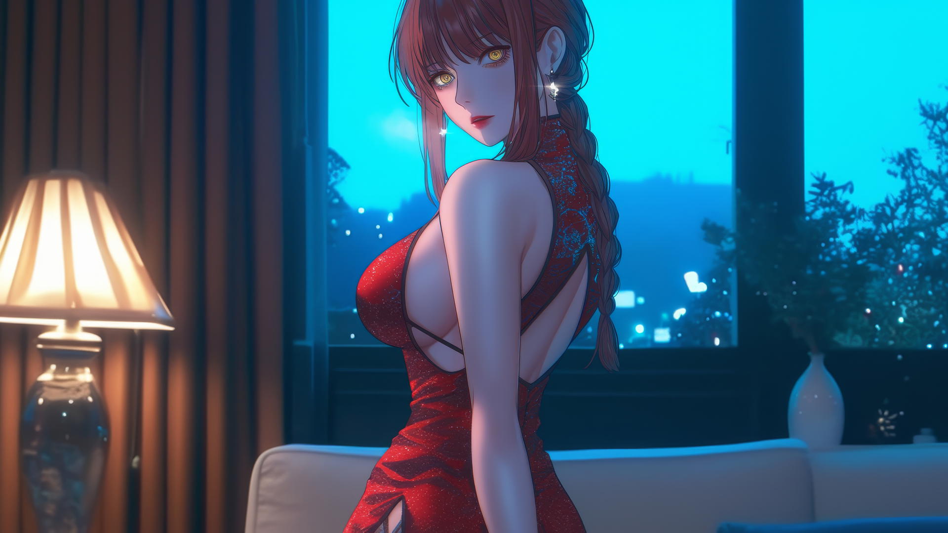 Makima from Chainsaw Man in Christmas red outfit in a modern holiday hotel room.