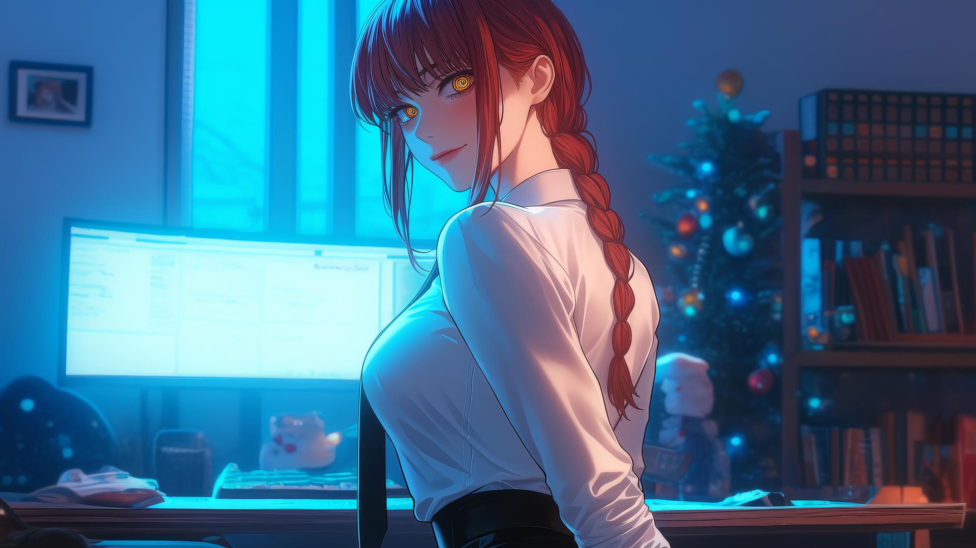 Makima from Chainsaw Man in a red Christmas outfit, in a warmly lit modern hotel room.