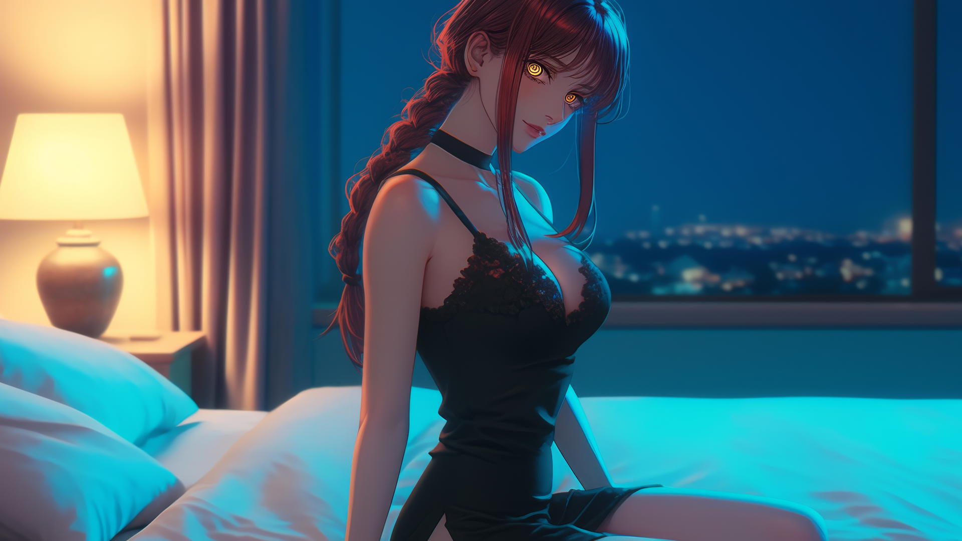 Makima from Chainsaw Man in modern Christmas-themed hotel room, warm glow