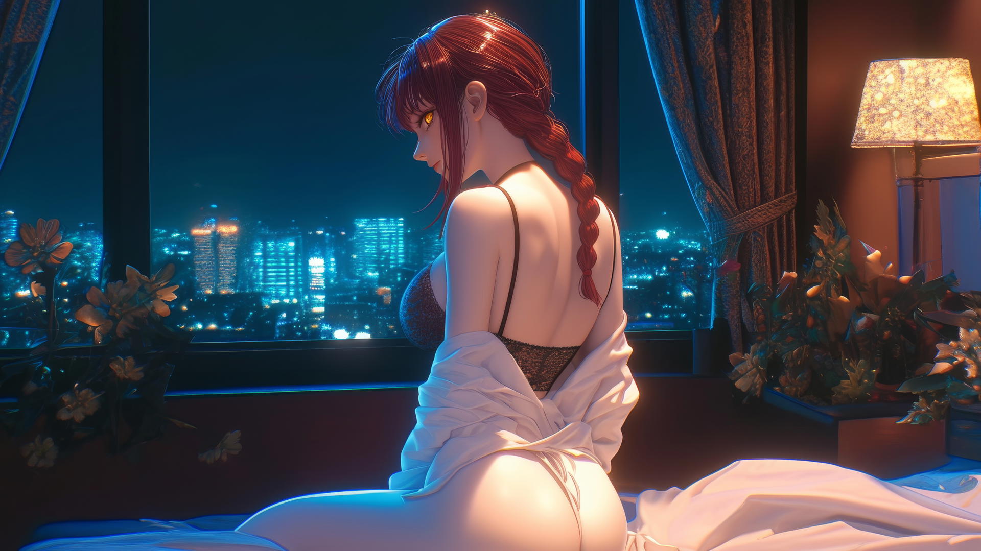 Makima from Chainsaw Man in red Christmas attire at modern hotel room, warm light glow