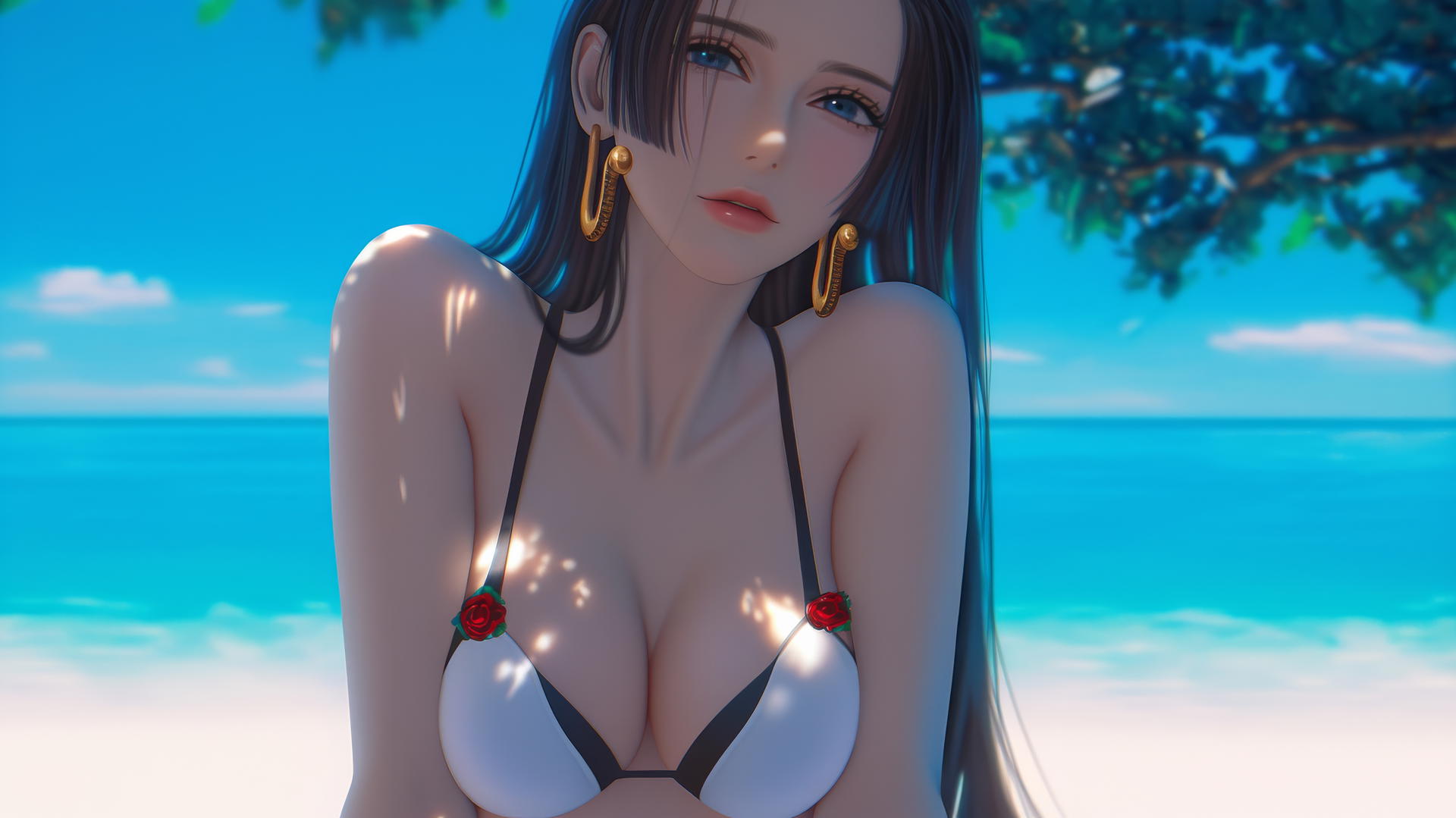 Boa Hancock from One Piece resting on a beach with warm light.