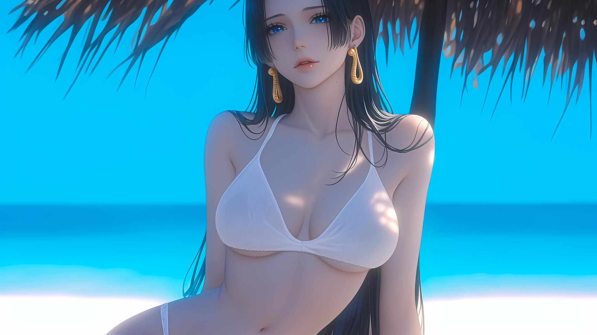 Boa Hancock leisurely resting at a beach with warm light glowing.