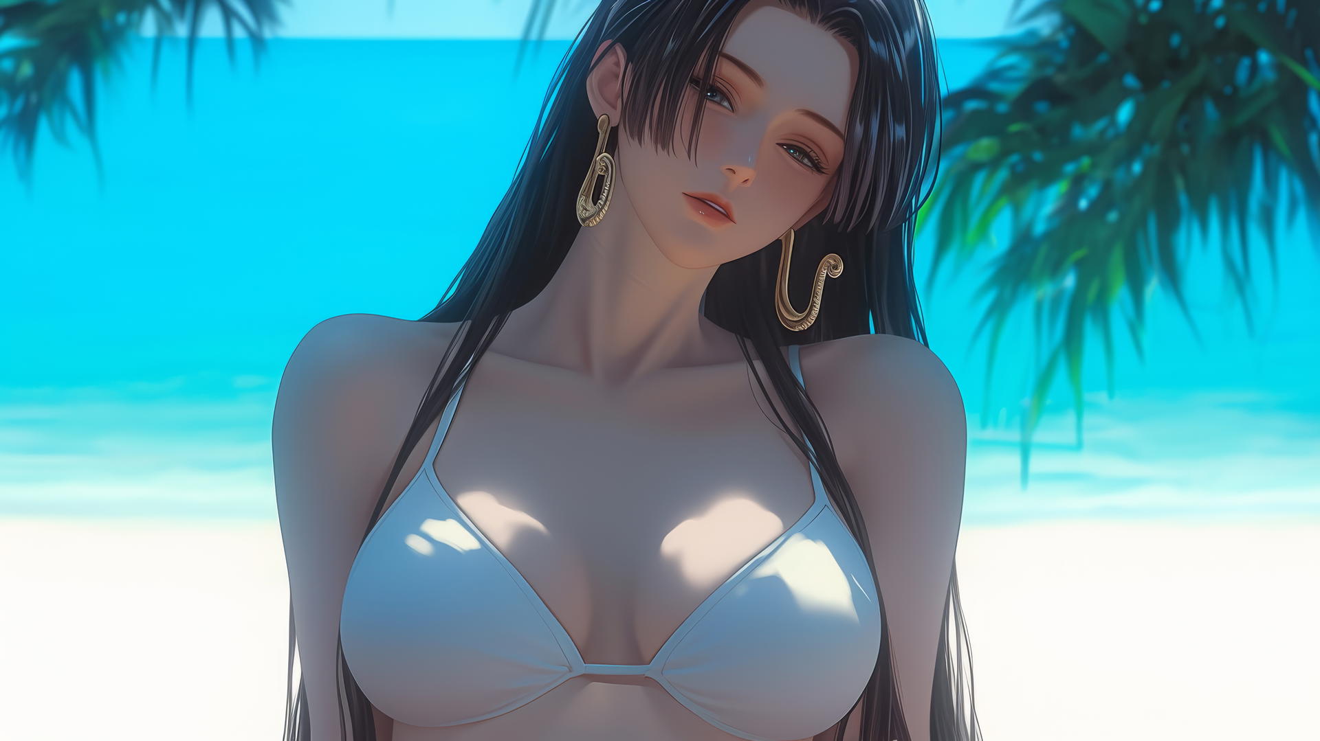 Boa Hancock from One Piece resting at a beach with warm light.