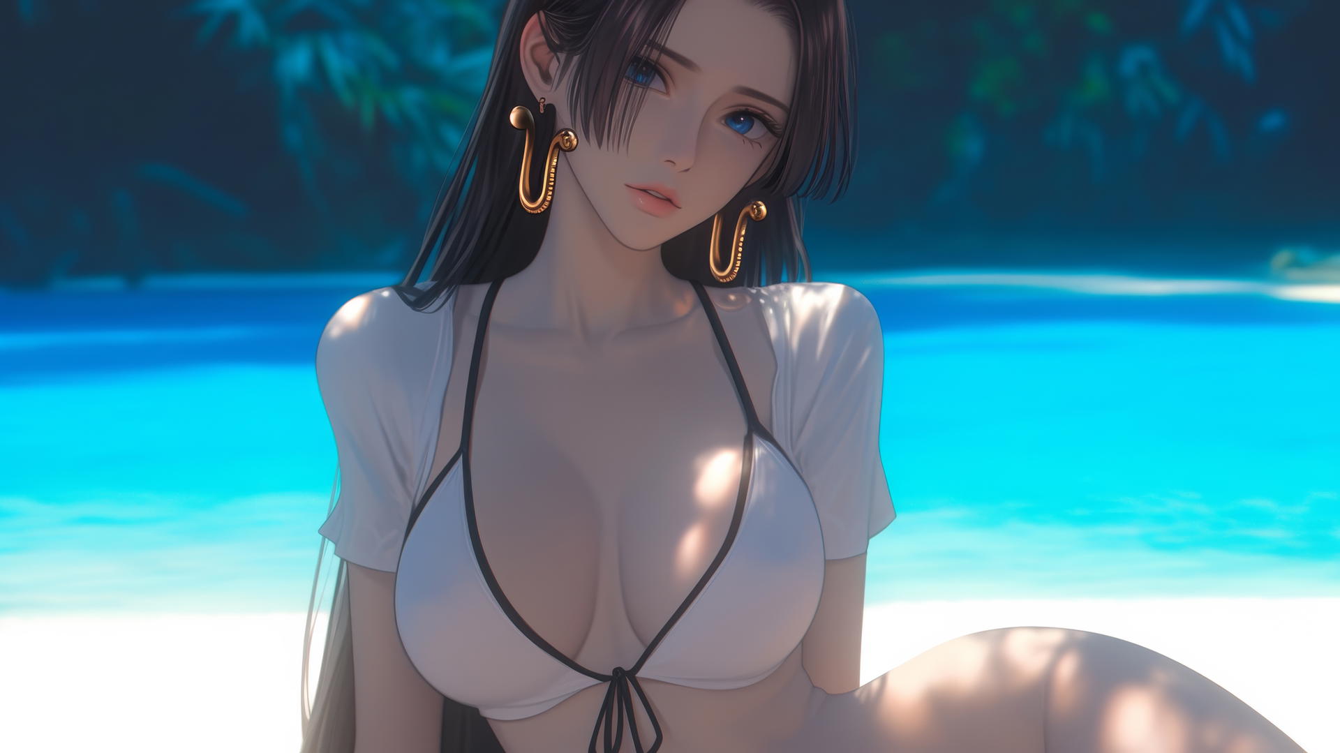 Boa Hancock resting at the beach with warm light