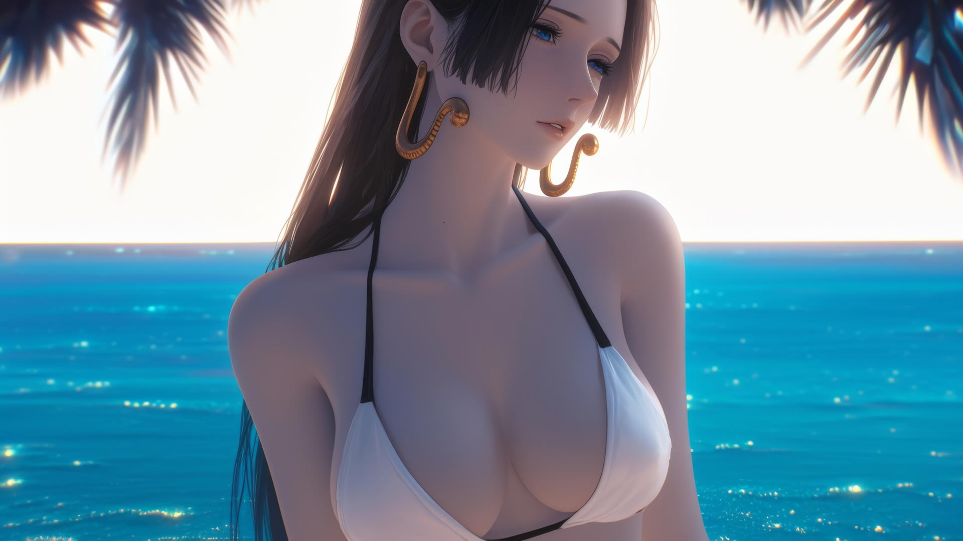 Boa Hancock resting at the beach with soft warm light