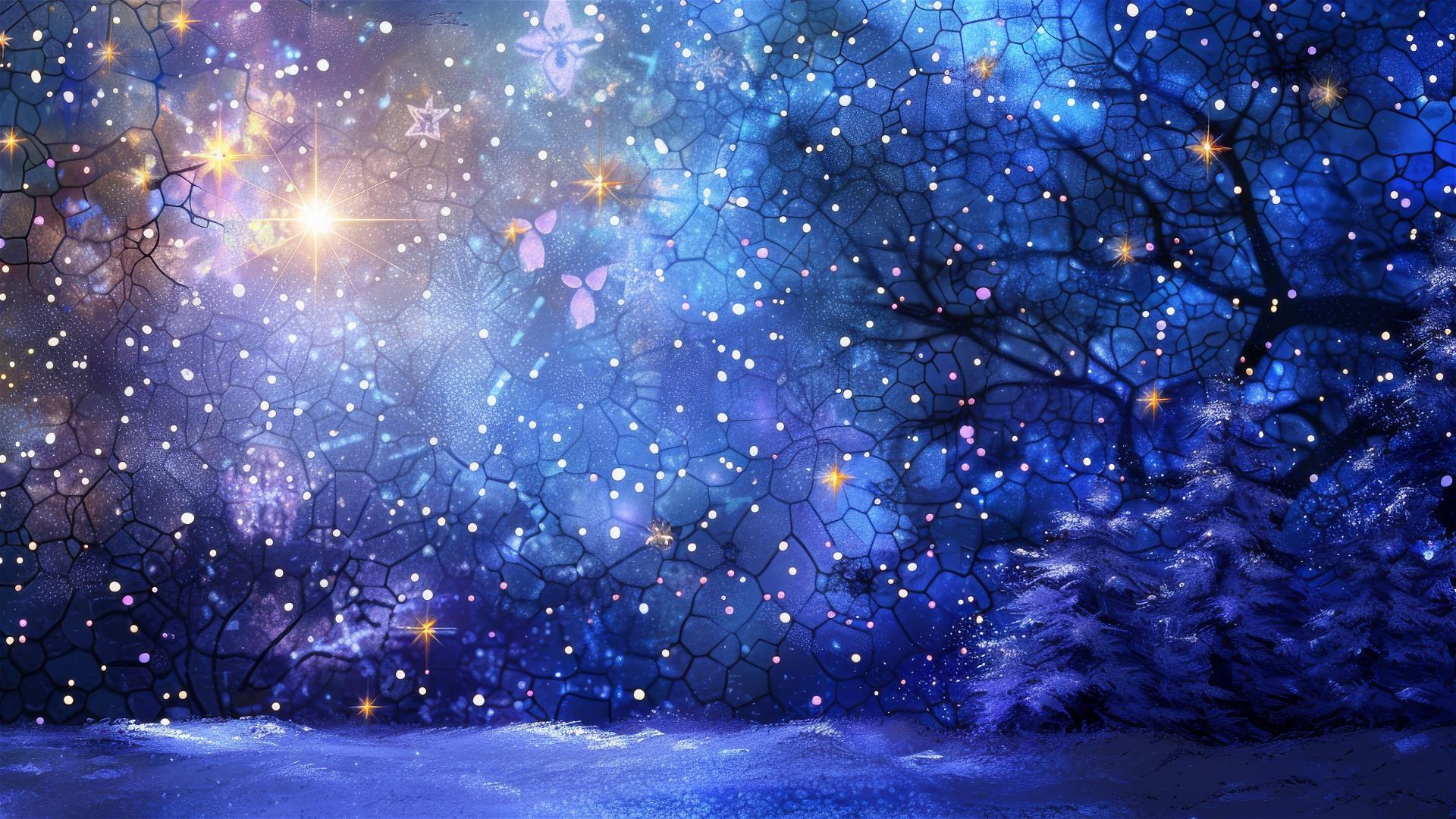 Brilliant stars illuminate a quiet night with light snowfall in a stained glass style.