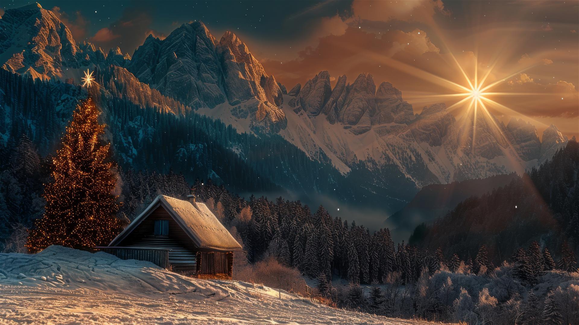 Christmas star over a cabin in mountains with chiaroscuro