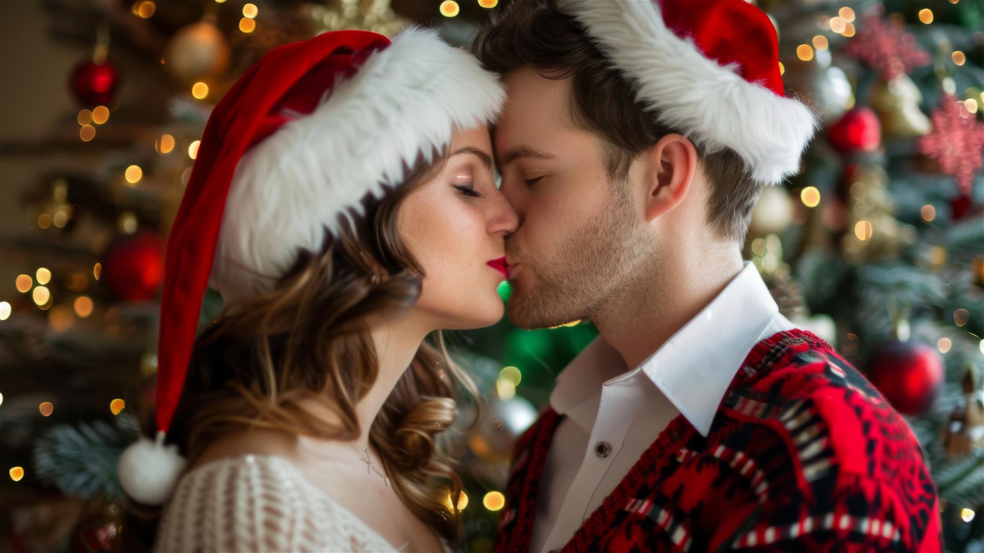 A couple kissing in Christmas outfits