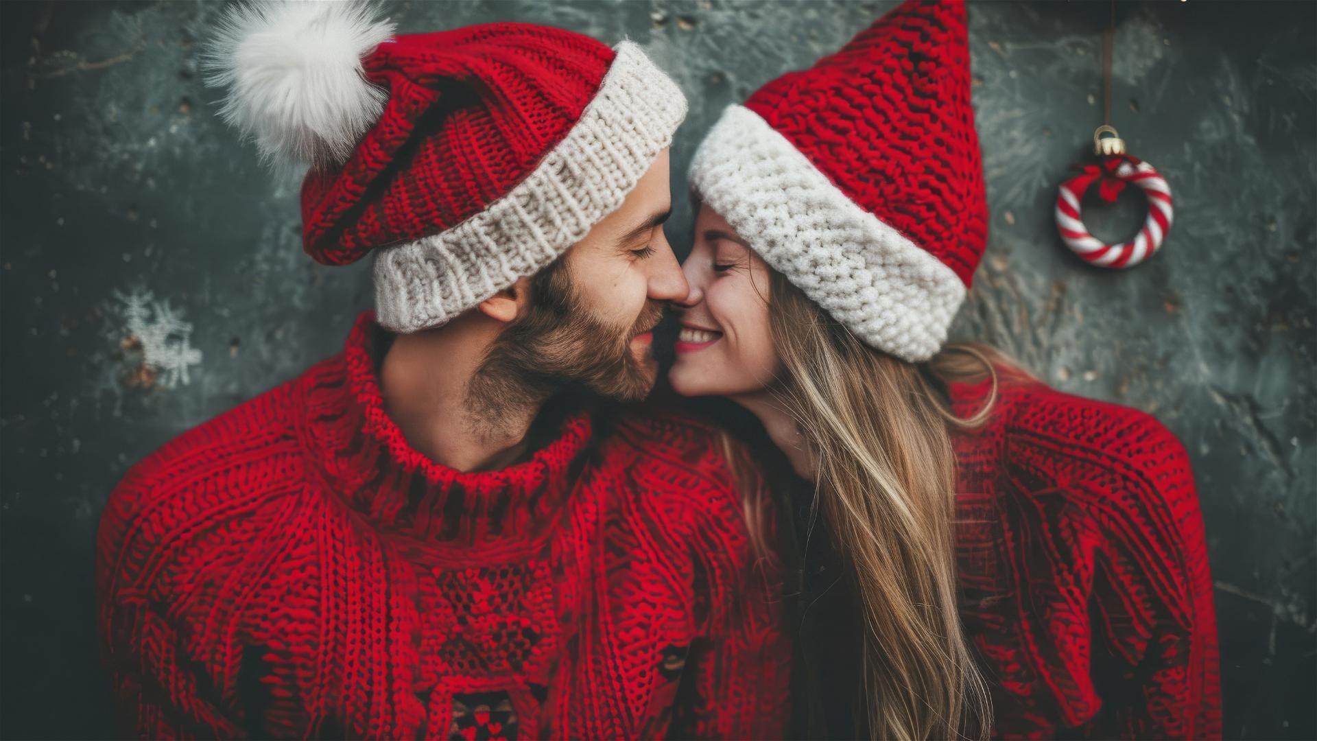 Two lovers kissing in festive Christmas outfits