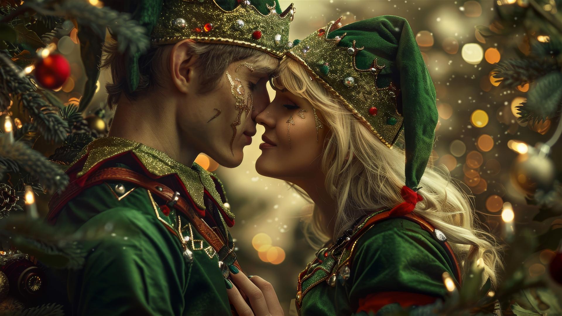 Fantasy elves kissing in Christmas outfits