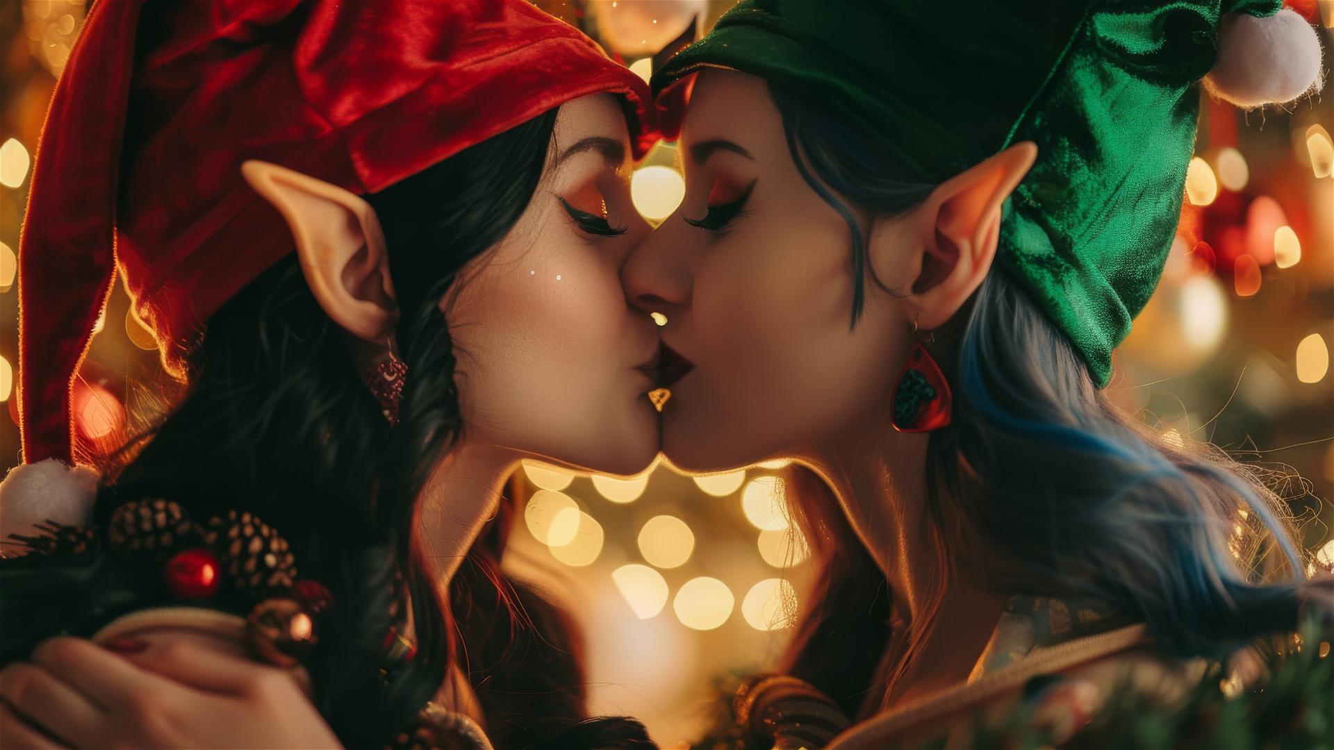 Fantasy elf couple kissing in Christmas attire