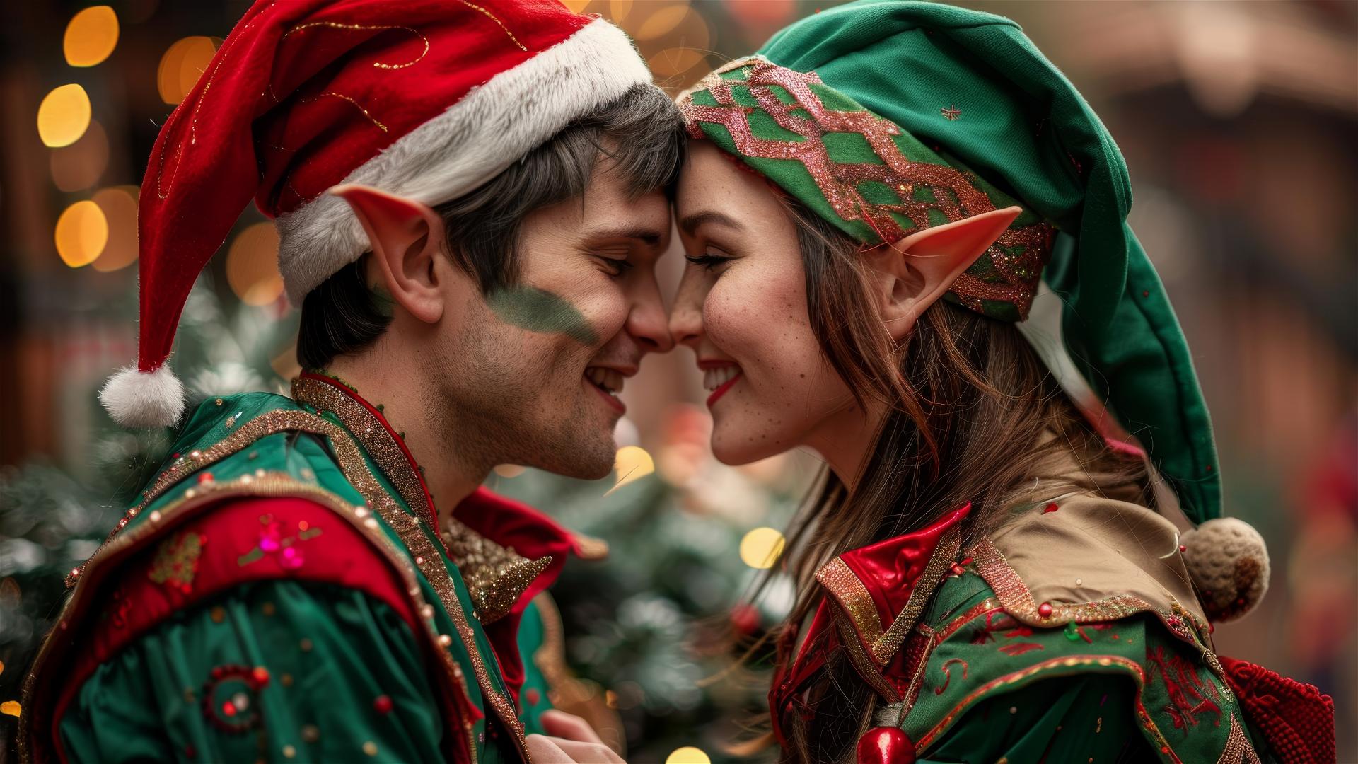 Fantasy elves kissing in Christmas outfits