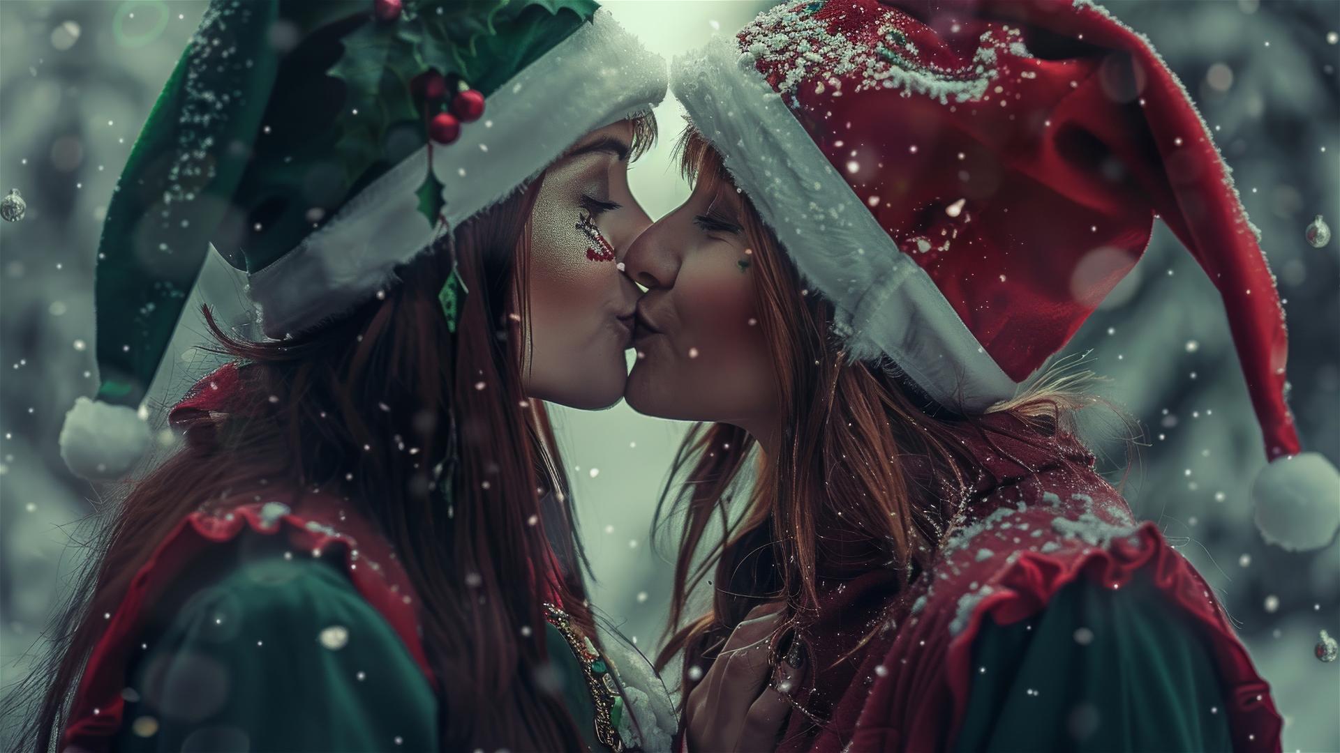 Two fantasy elves kissing in Christmas outfits