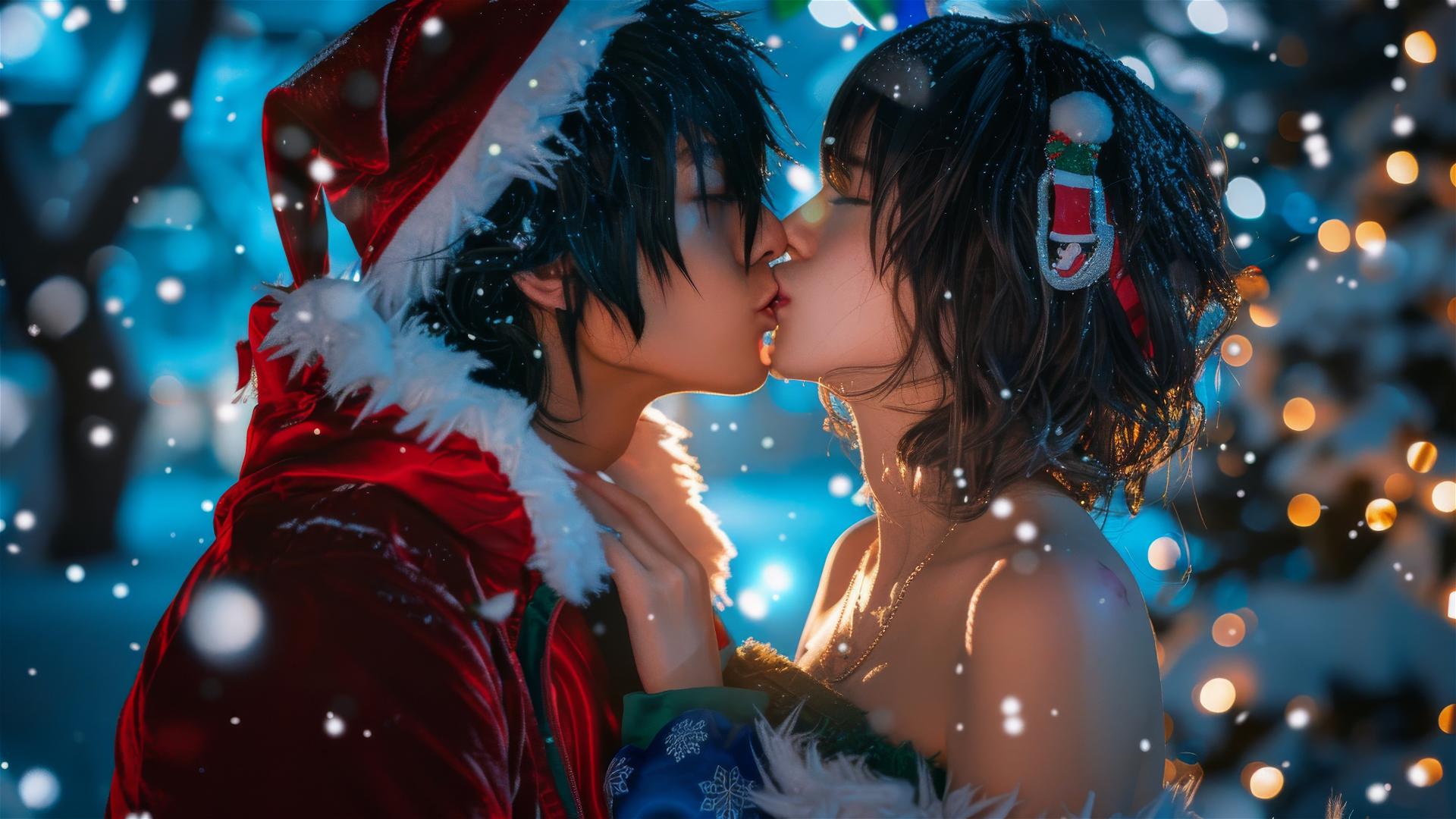 Two lovers kissing in Christmas outfits