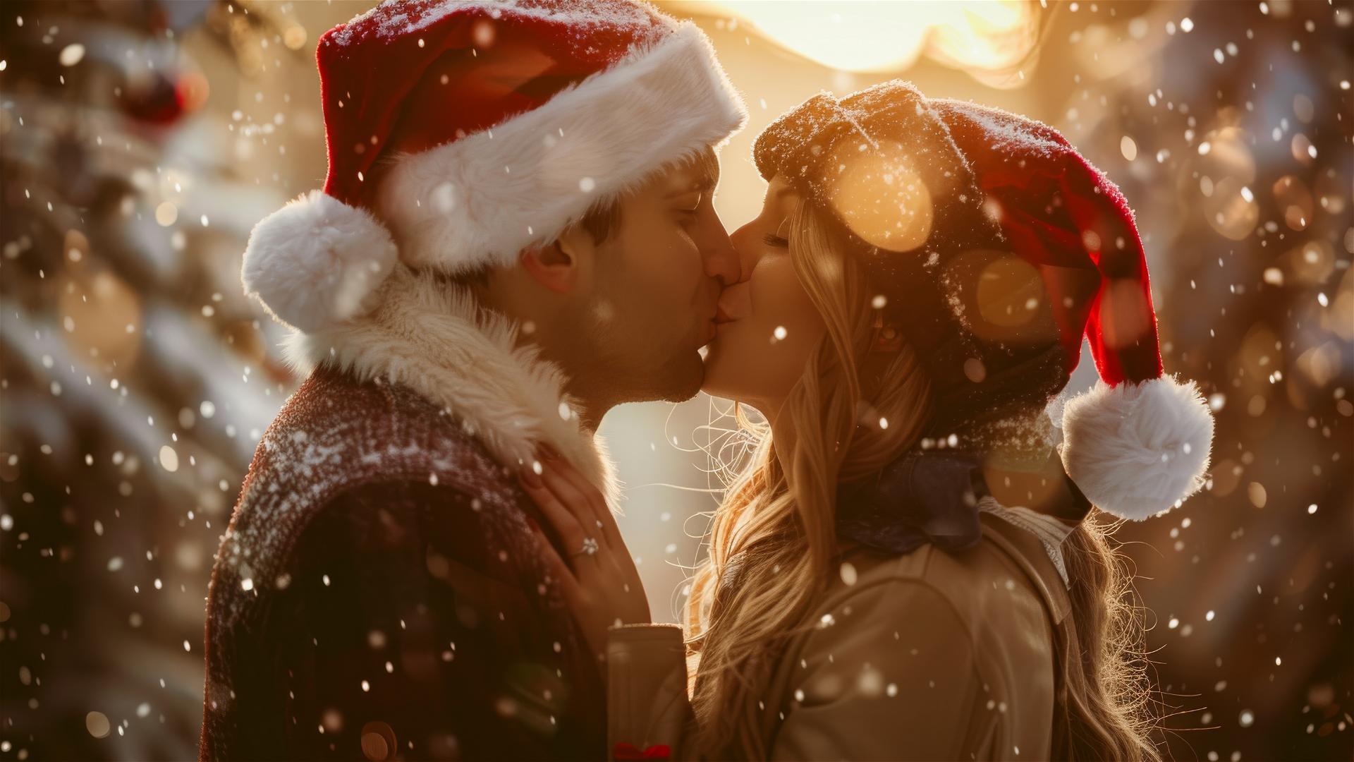 Two lovers kissing in Christmas outfits