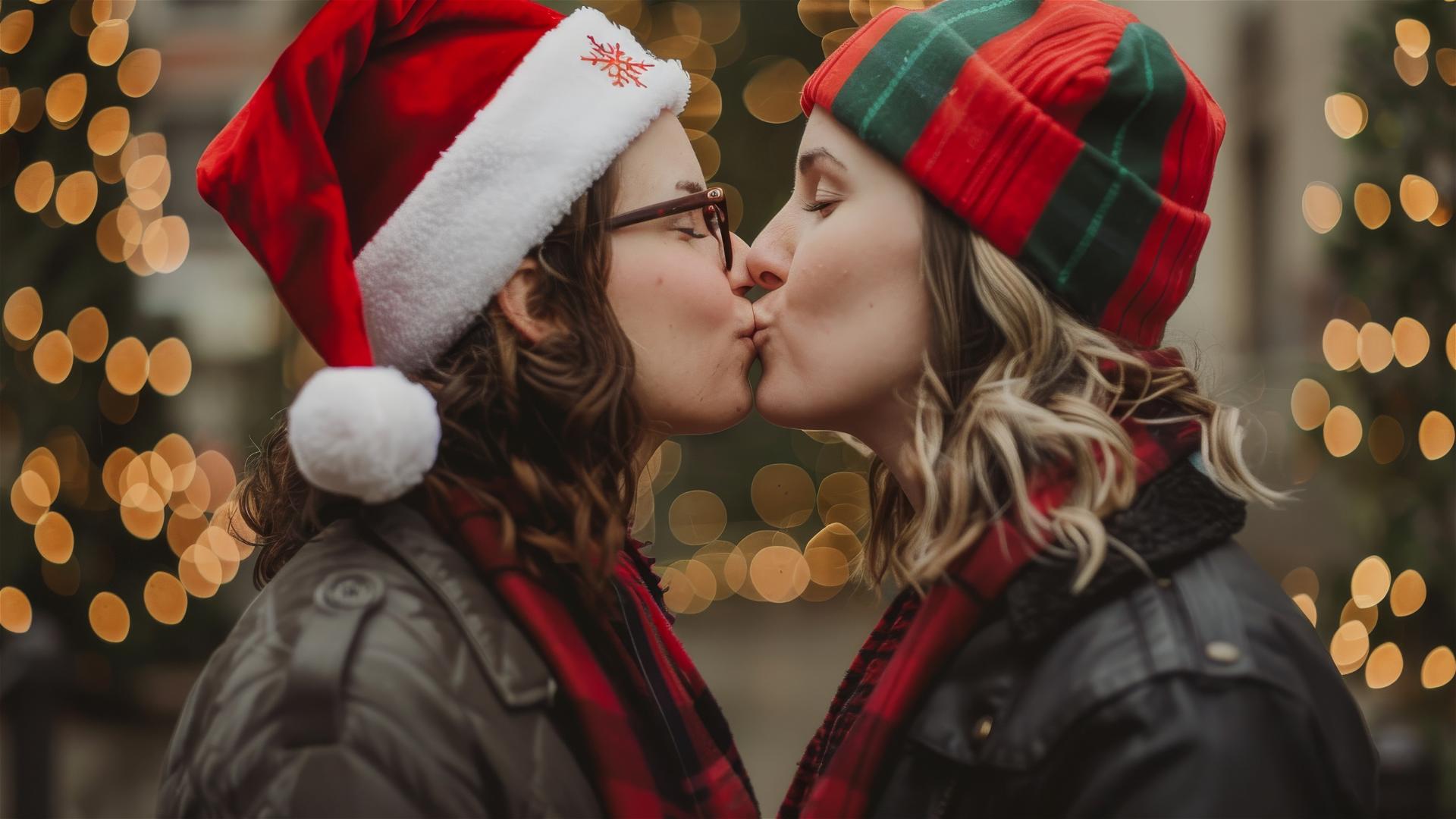 Two lovers kissing in Christmas outfits.