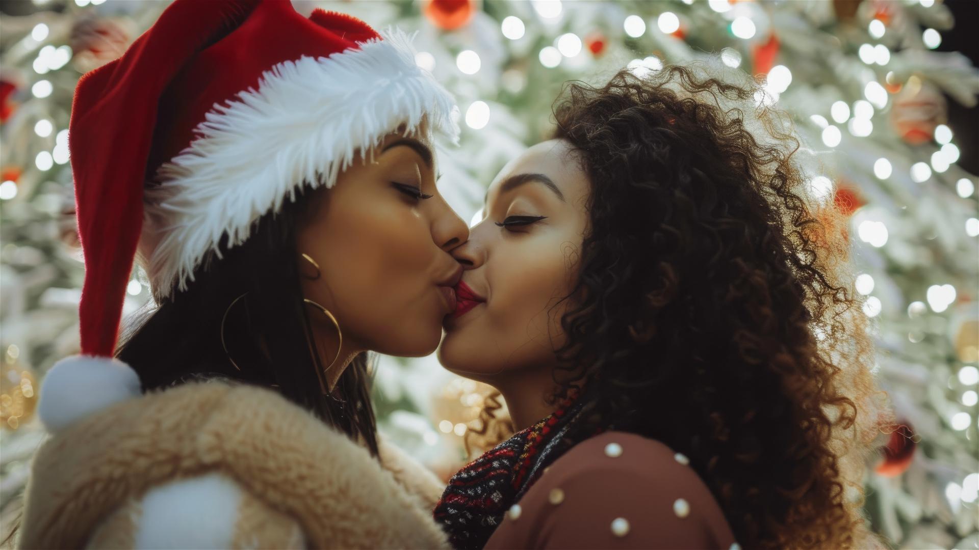Two women kissing in Christmas outfits