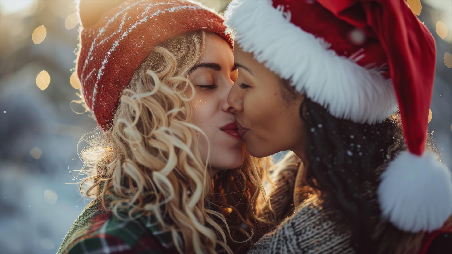 Two women in Christmas outfits kissing