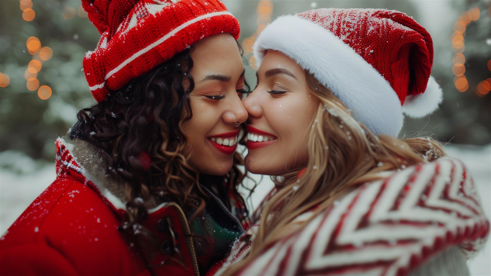 Two women in Christmas outfits kissing