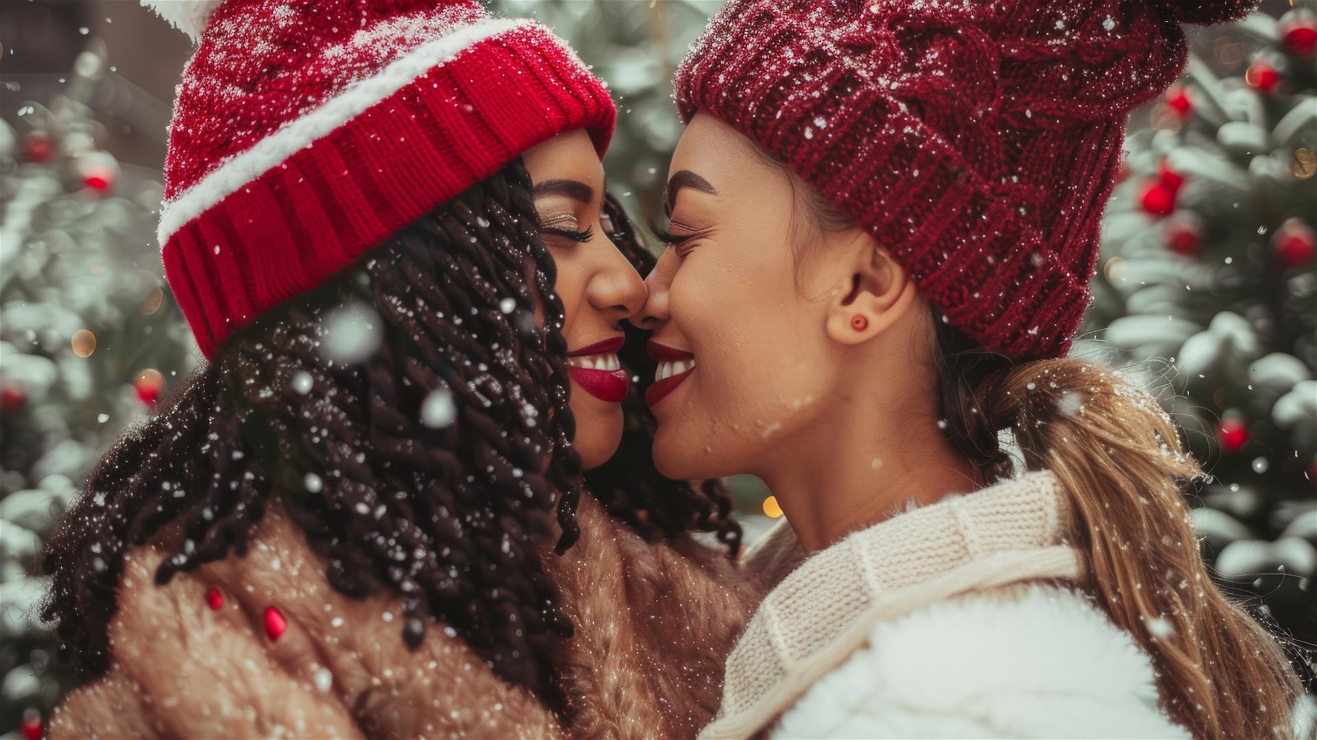 Two women kissing in Christmas outfits