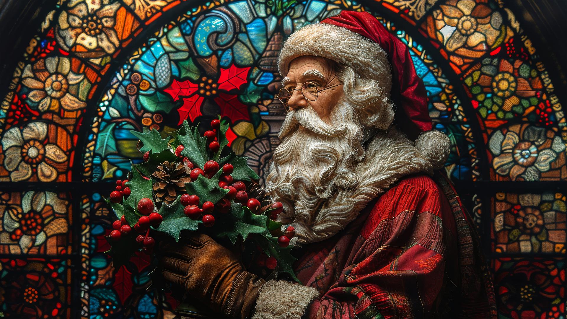 Santa Claus holding holly in front of colorful stained glass