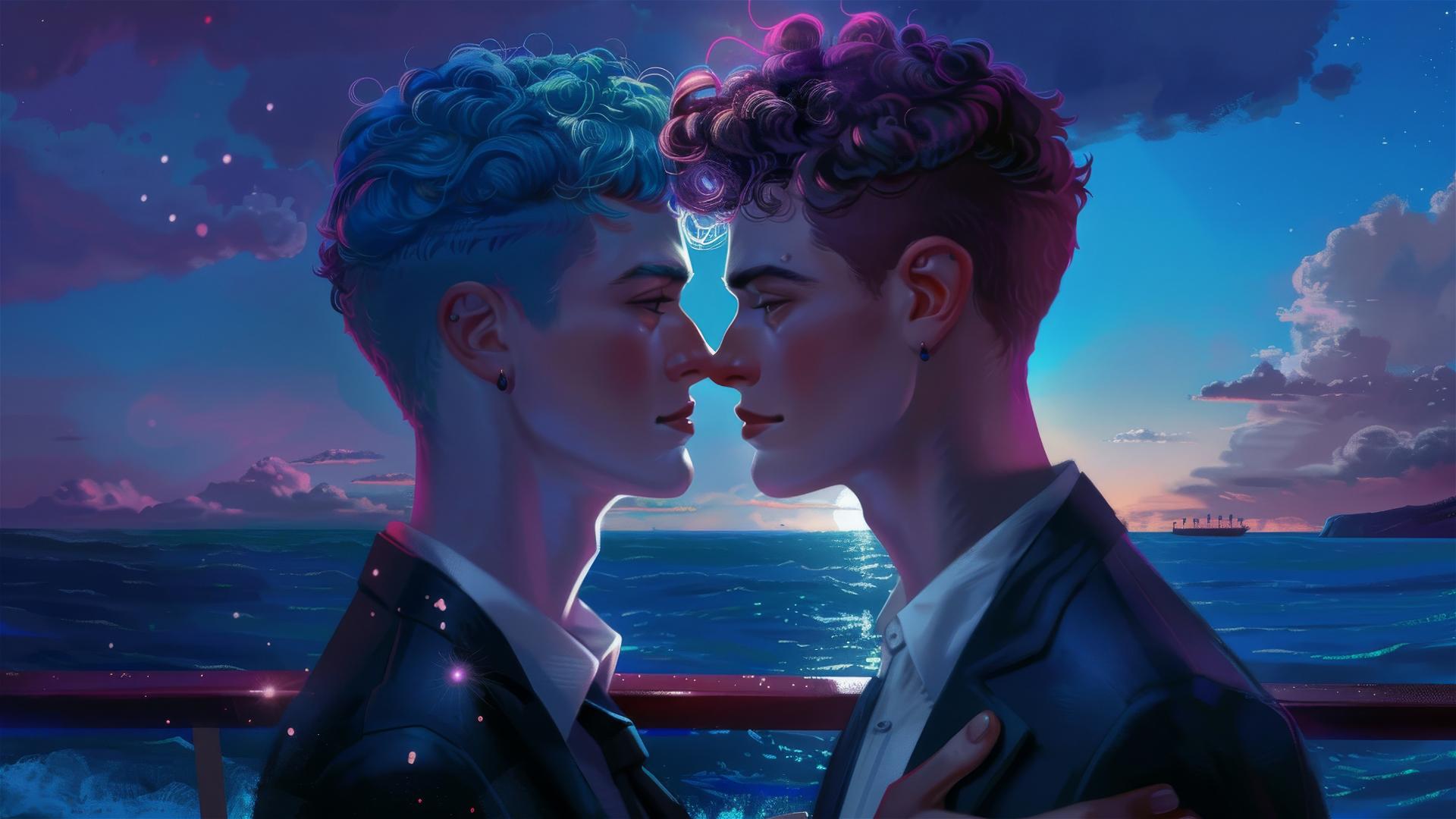 Blue-haired teen stares at ginger teen on cruise ship deck under a dark blue sky