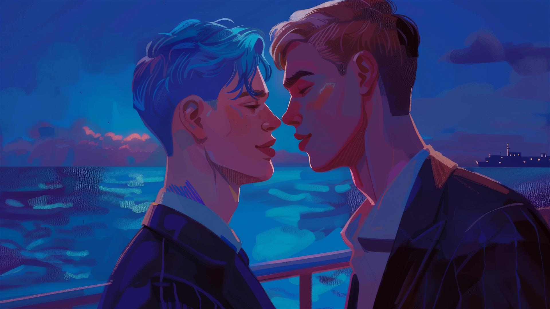 Two 17-year-old boys on a cruise ship deck, staring at each other, almost kissing, night scene
