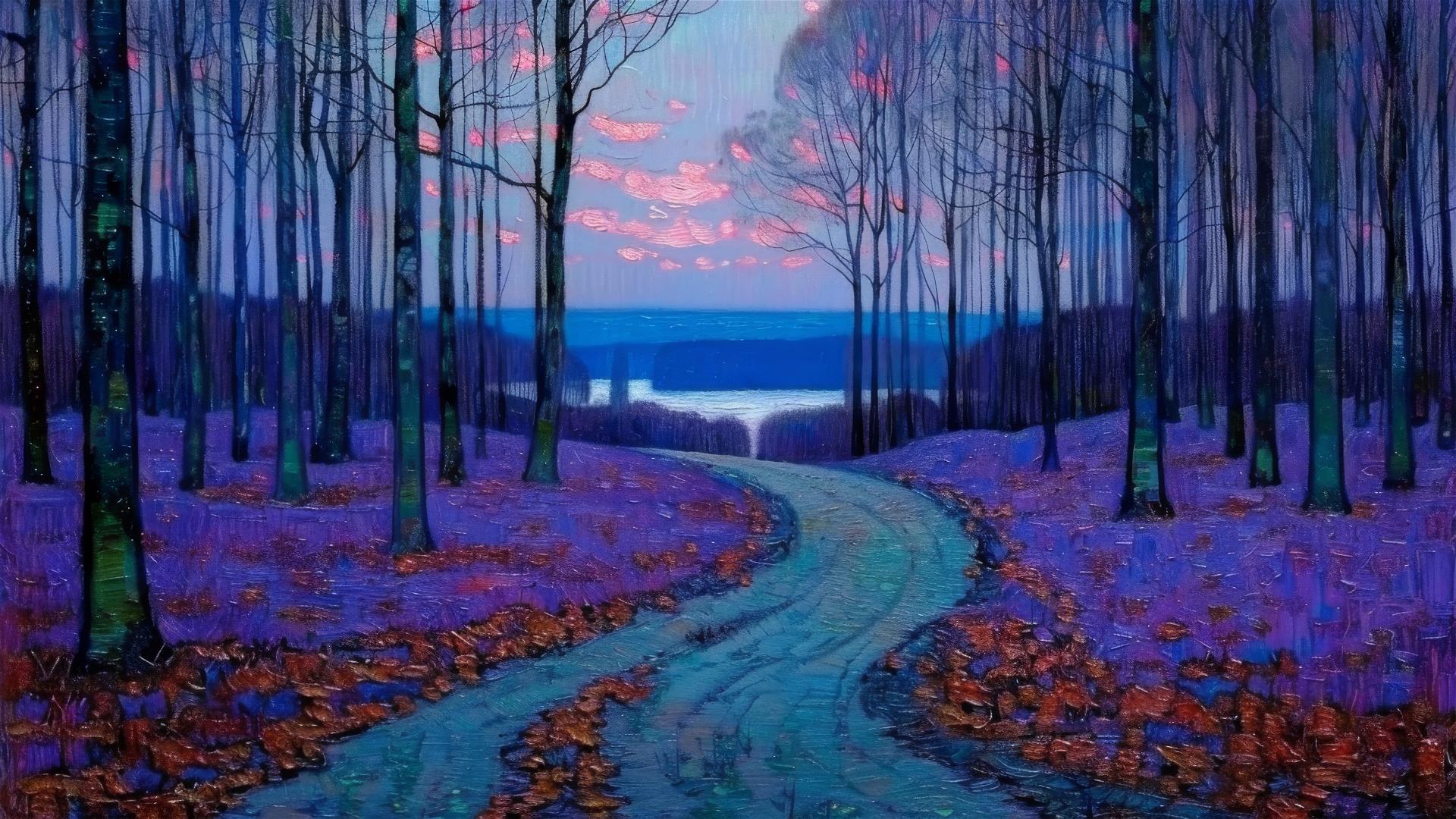 Forest scene with hidden creatures, autumn leaves, starry night, and sunset