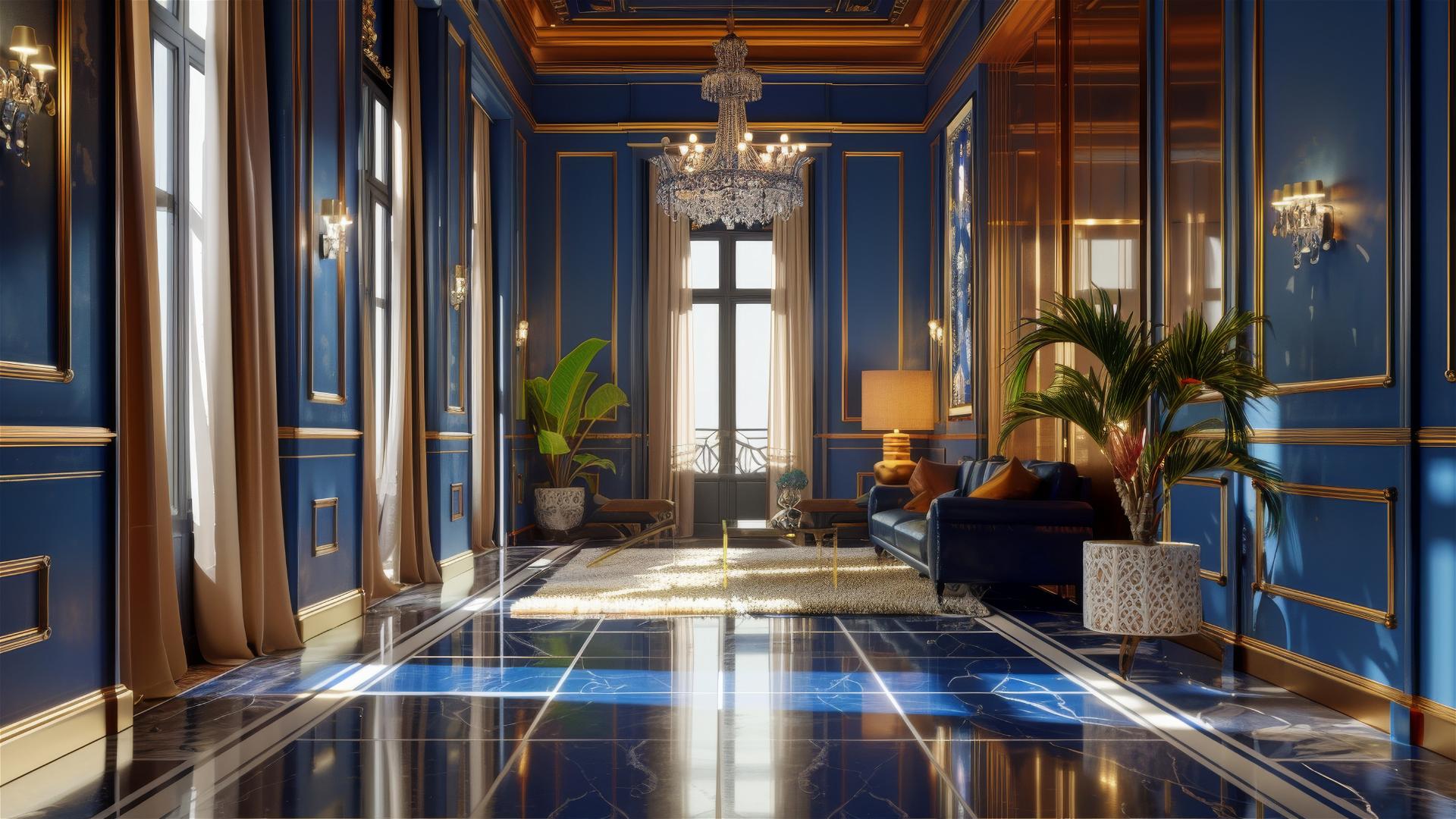 Modern blue and gold luxury villa interior with Japanese-inspired design
