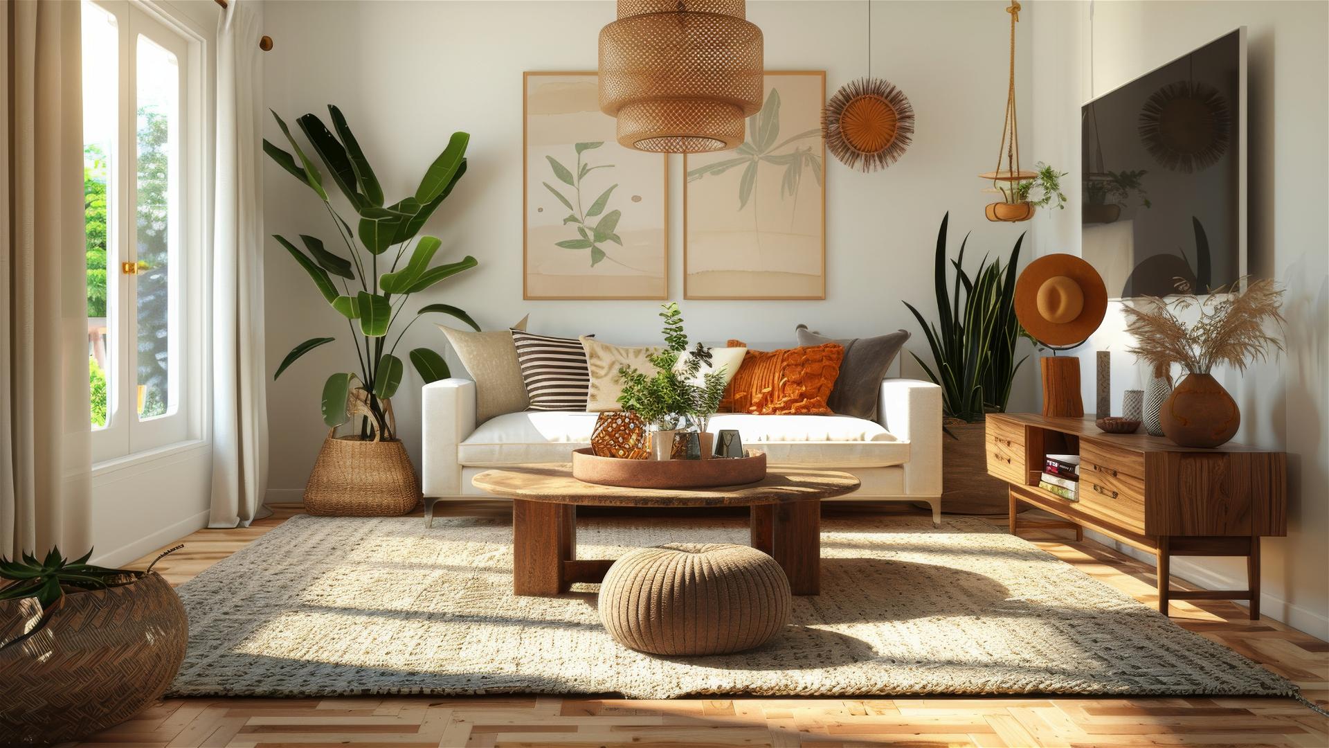 Eclectic Bohemian-Scandinavian style living room with lush plants and vibrant accents.